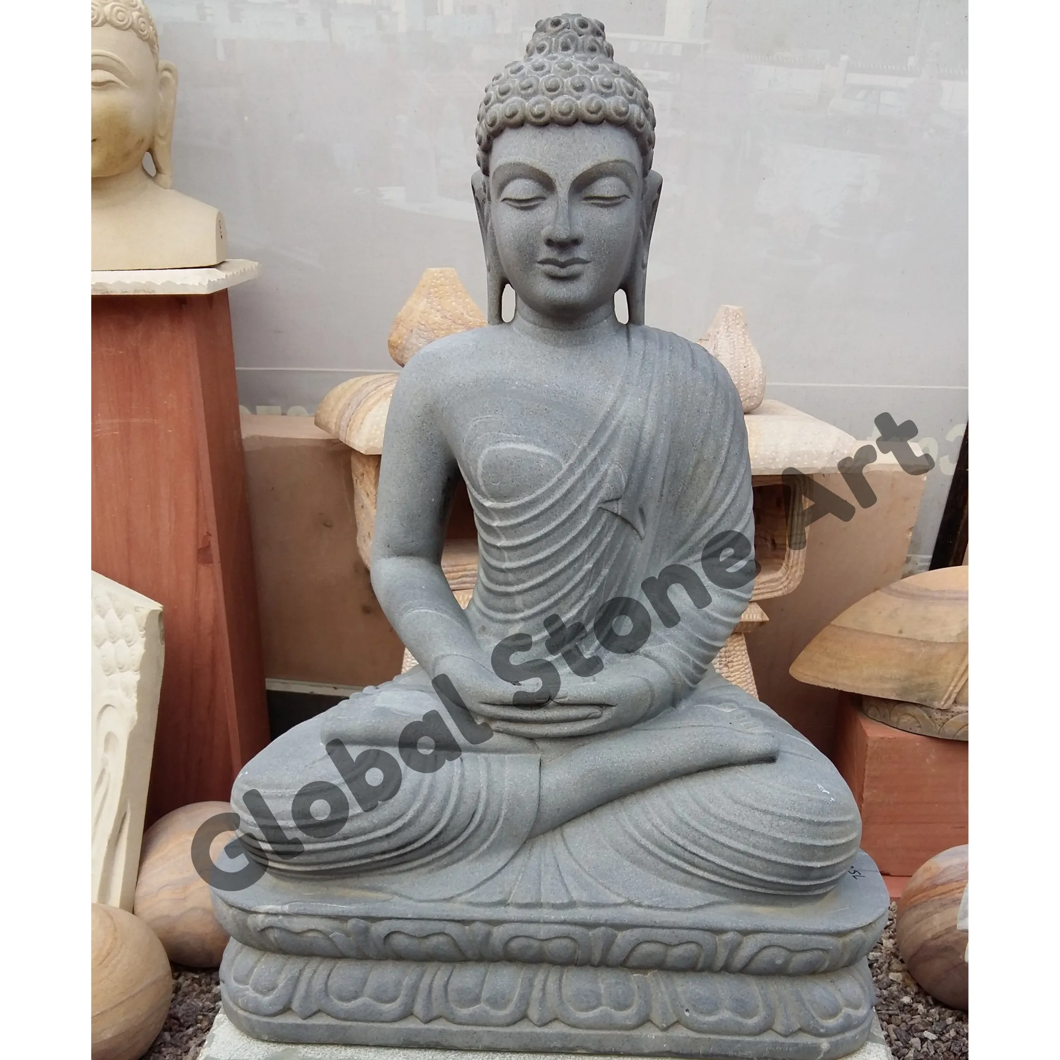 Grey Stone Meditating Buddha Statue on Lotus Base