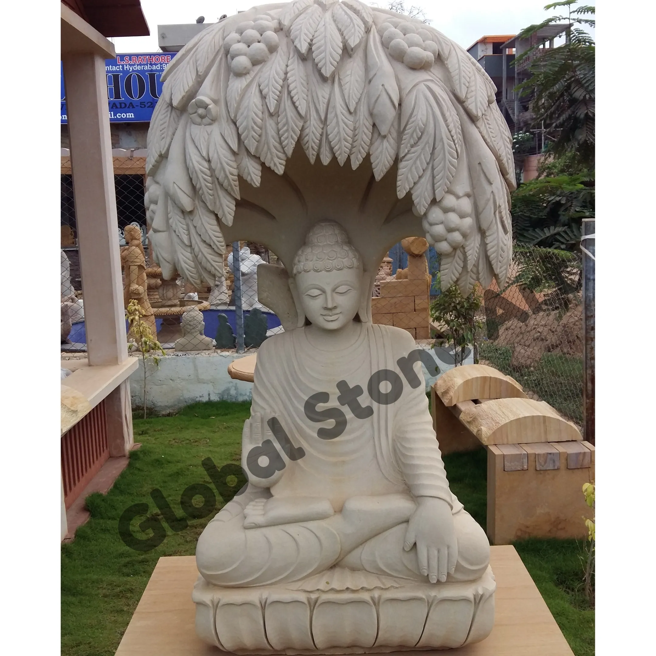 Sandstone Buddha Statue Under Bodhi Tree for Garden