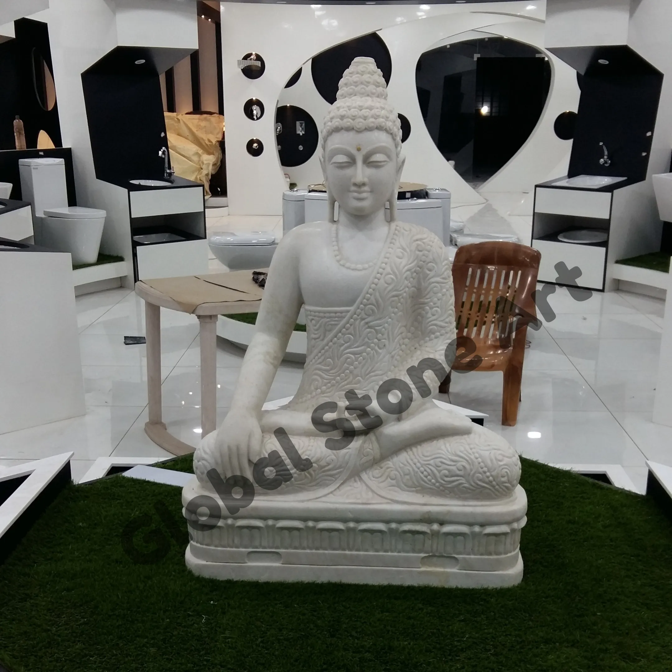 White Marble Seated Buddha Statue with Carved Robe