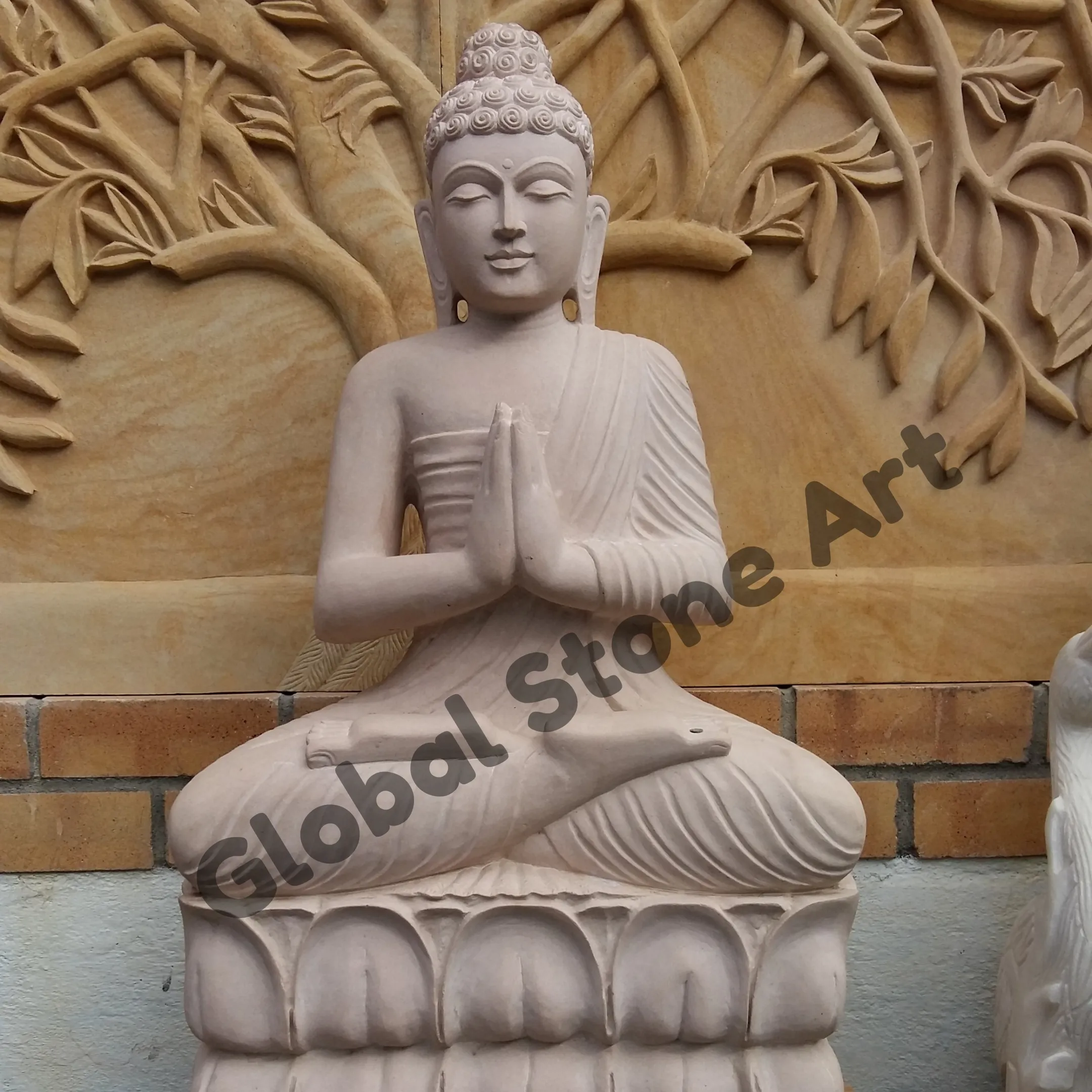 Cream Sandstone Praying Buddha Statue on Lotus