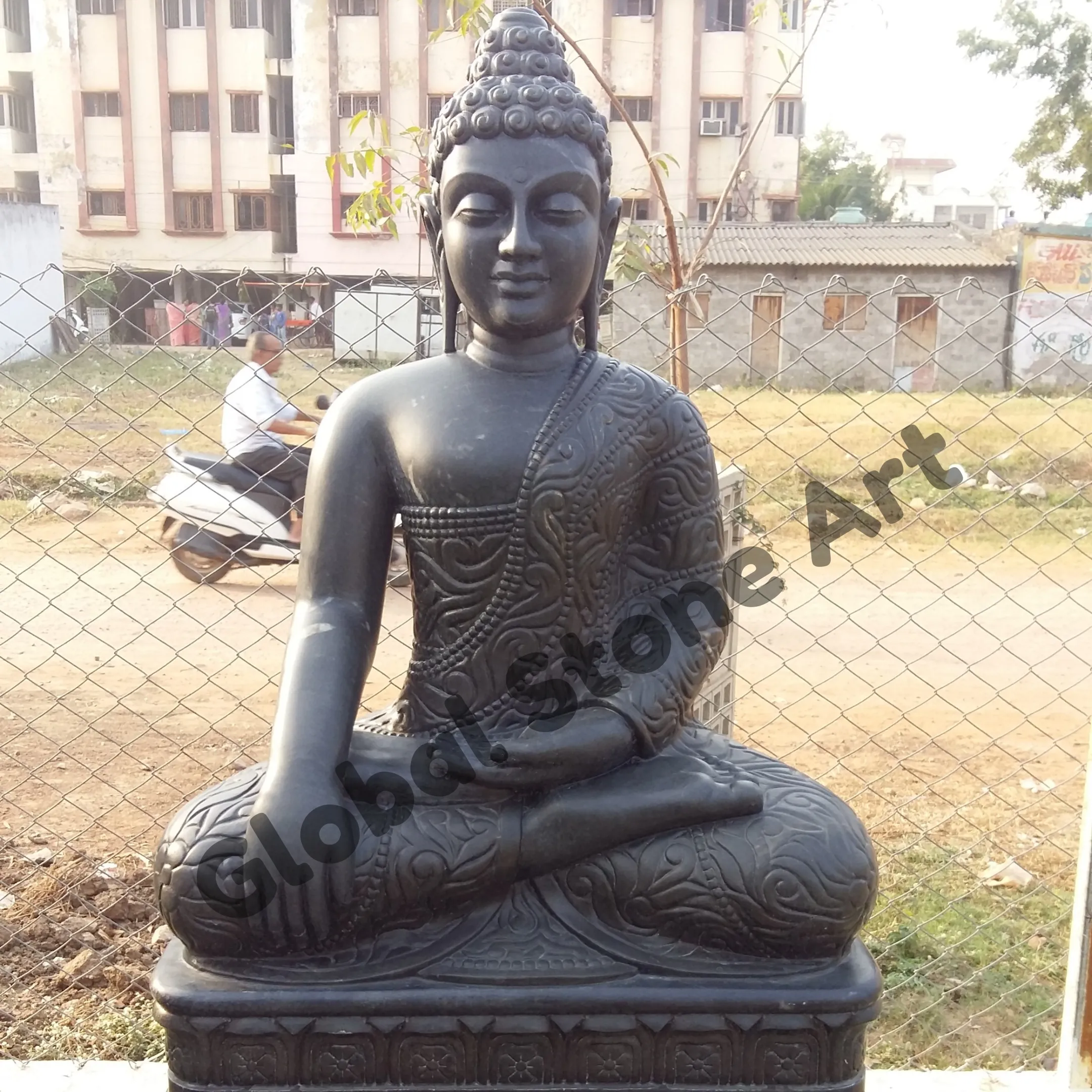 Black Granite Buddha Statue with Ornate Carved Robe