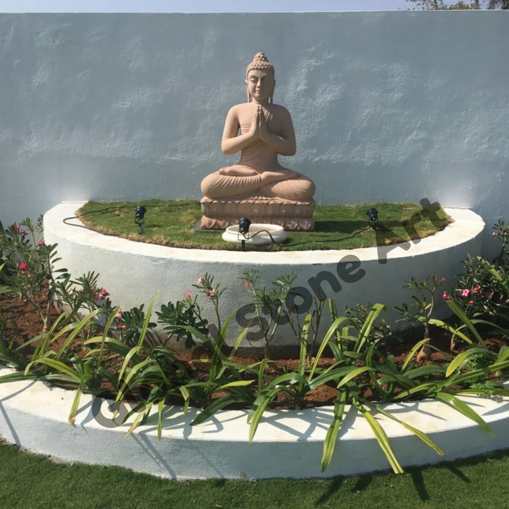 Pink Sandstone Praying Buddha Statue for Water Feature