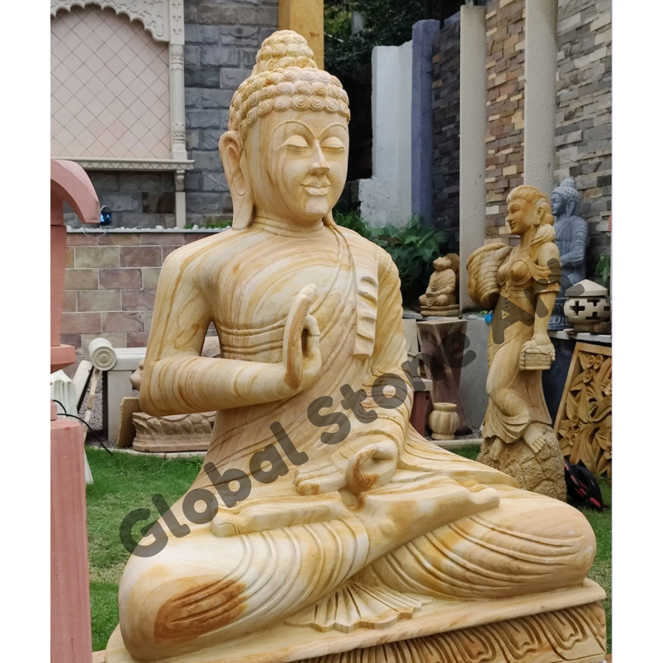 Rainbow Sandstone Teaching Buddha Statue for Garden