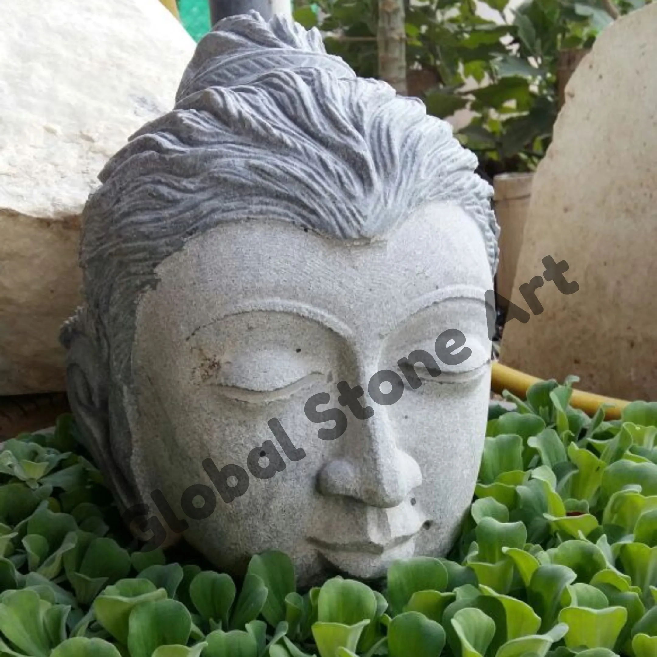 Grey Stone Buddha Head with Flowing Hair for Garden