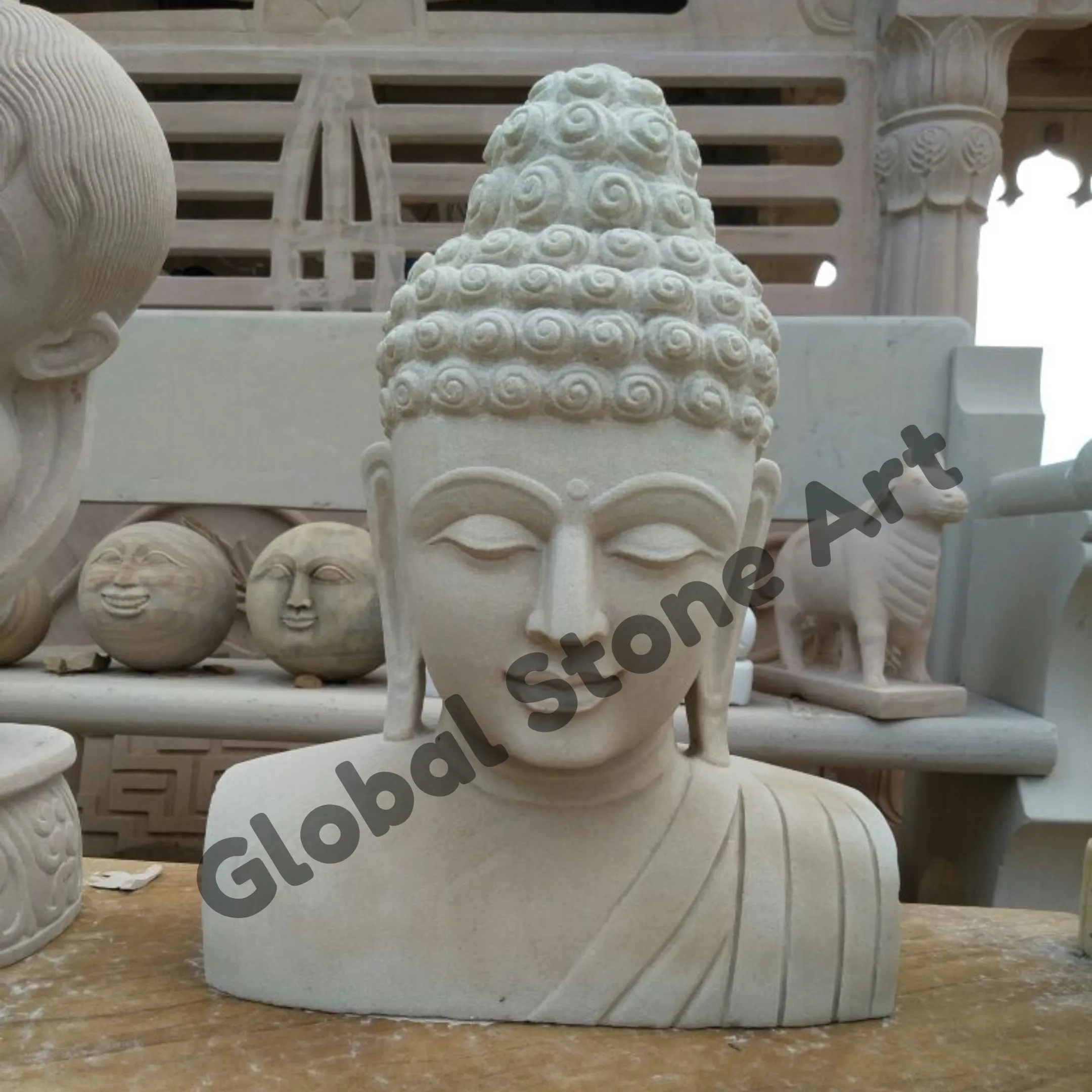 Cream Sandstone Buddha Head Bust for Home Decor