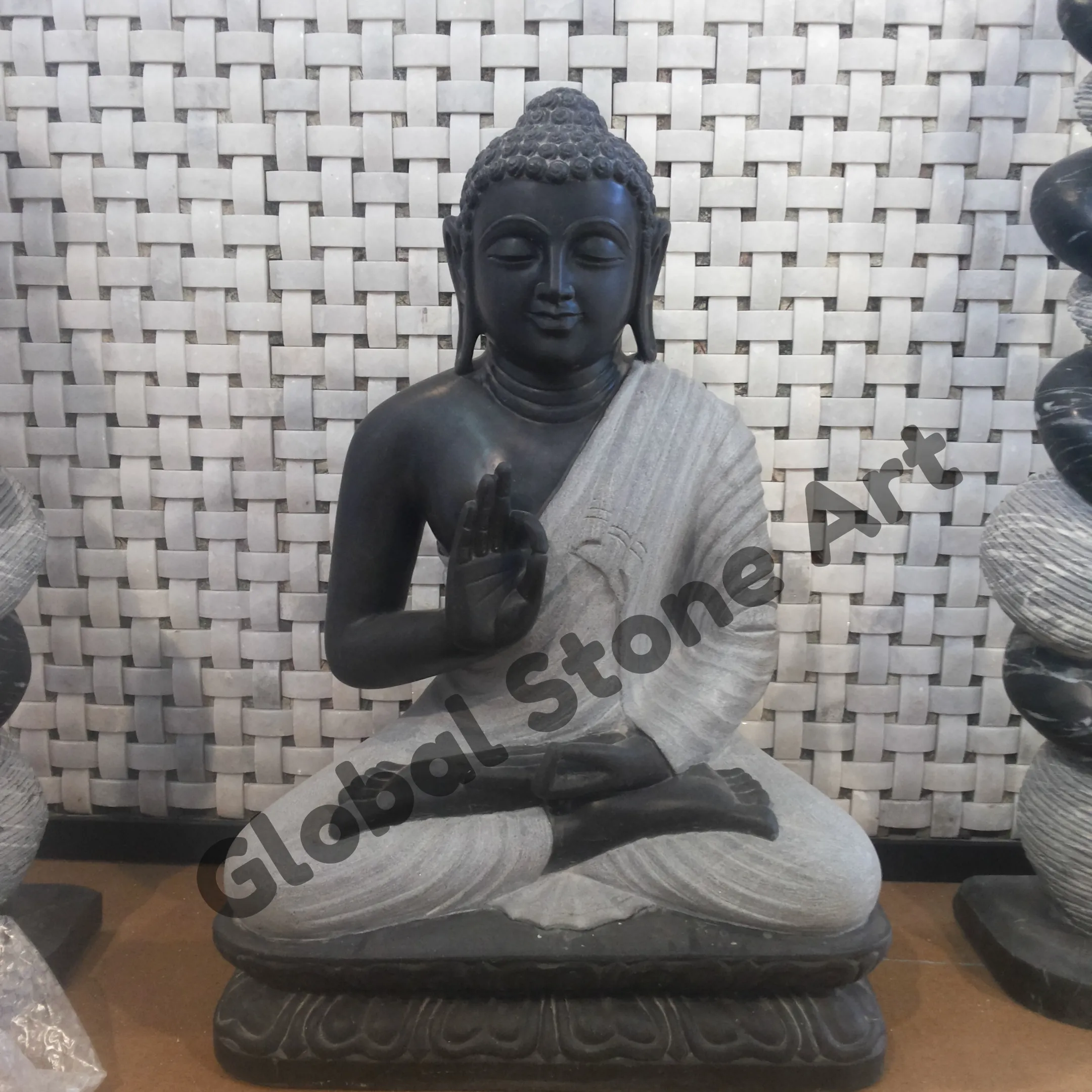 Black Stone Blessing Buddha Statue with Grey Robe