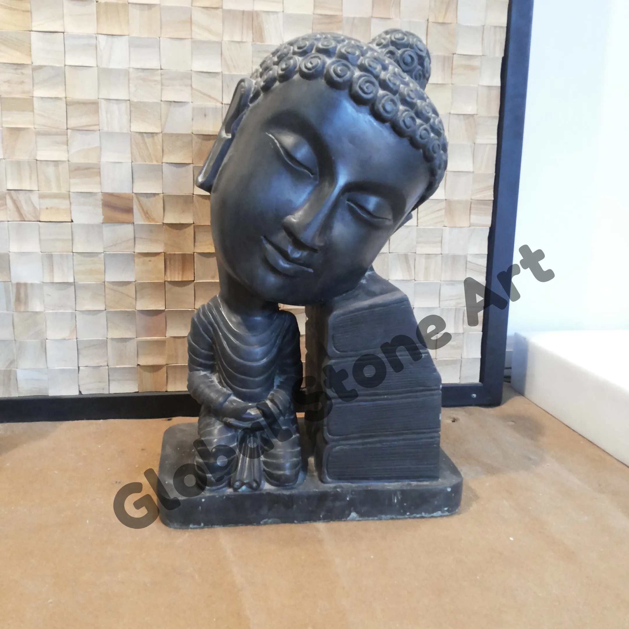 Black Stone Resting Buddha Head Statue for Decor