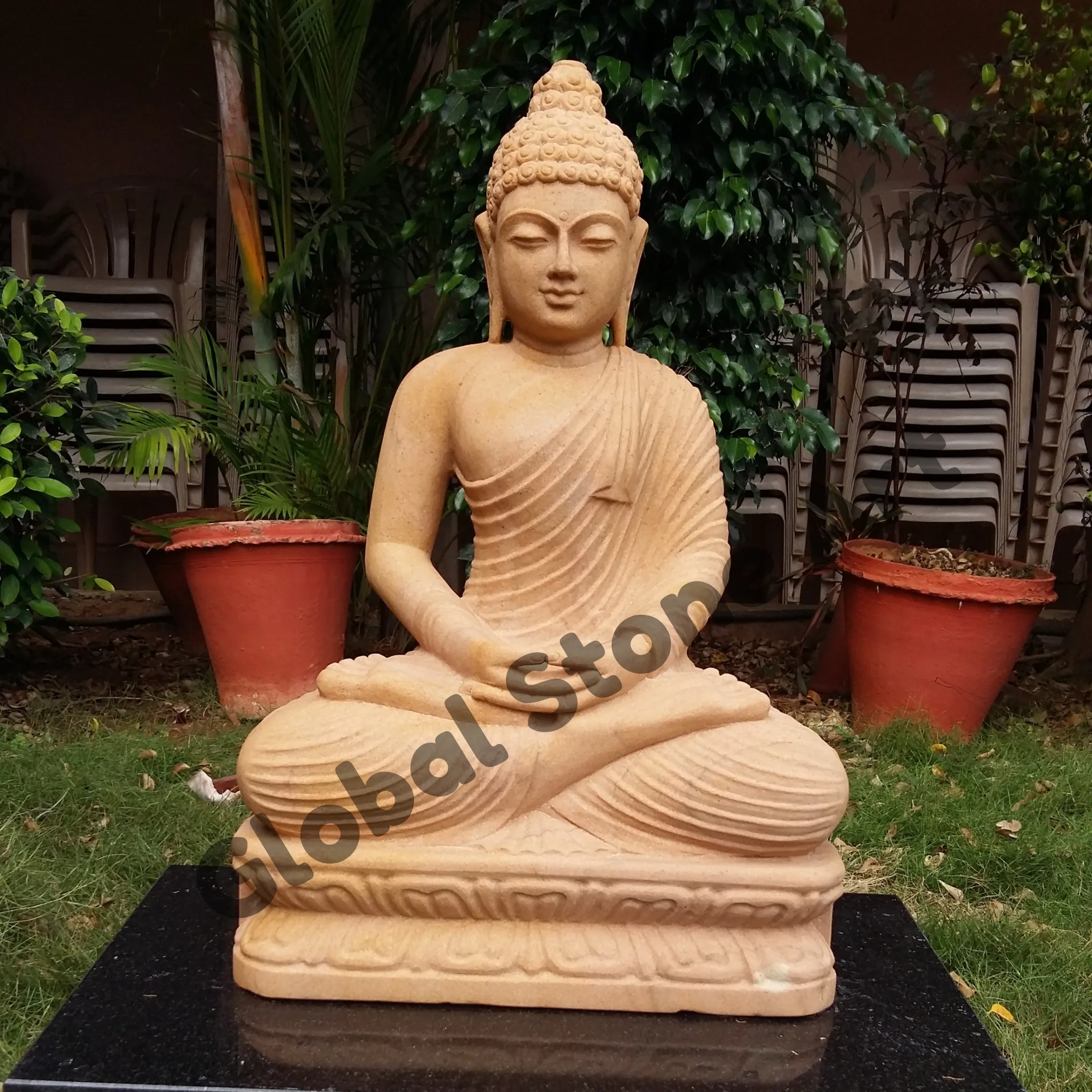 Beige Sandstone Meditating Buddha Statue for Garden