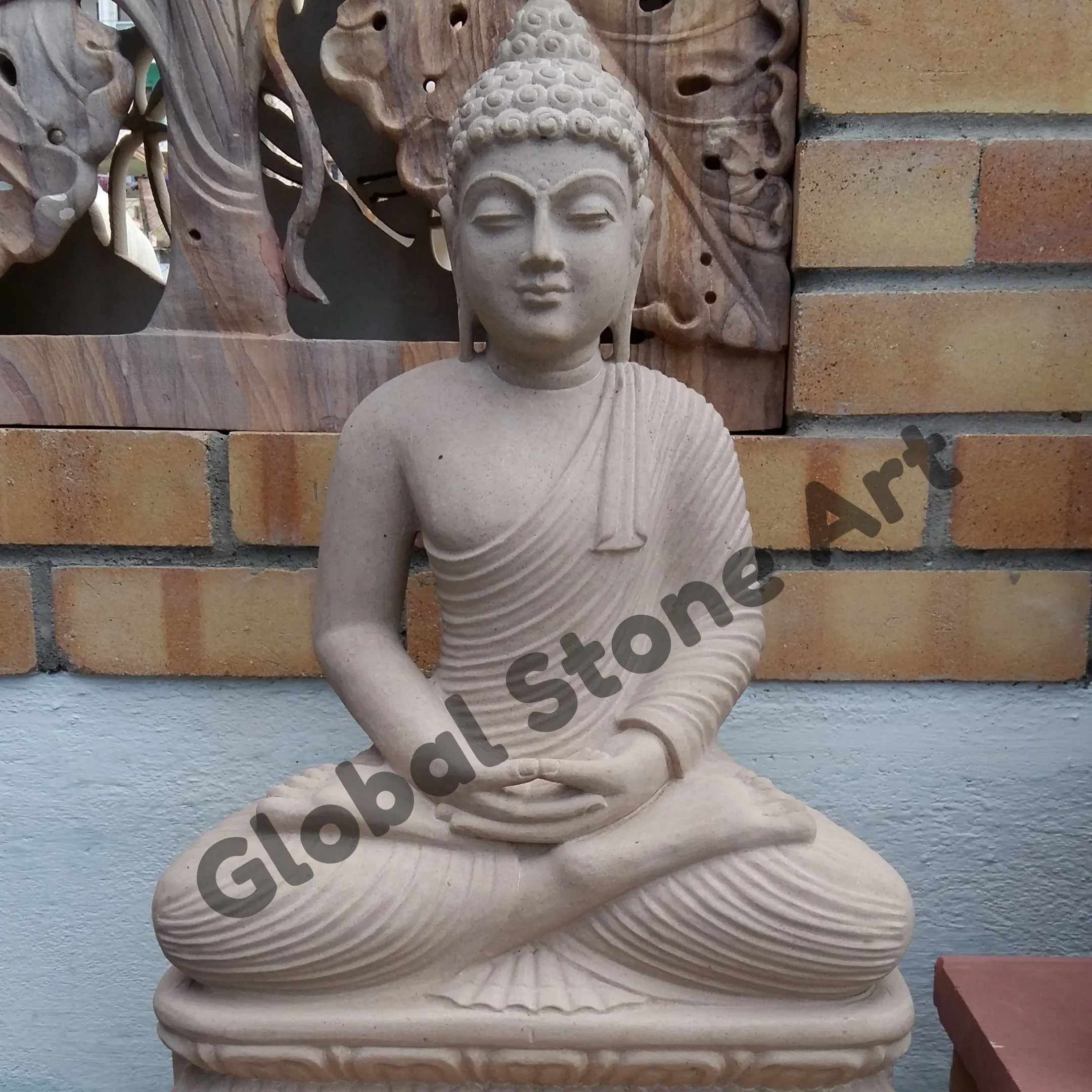 Beige Sandstone Seated Buddha Statue for Entrance