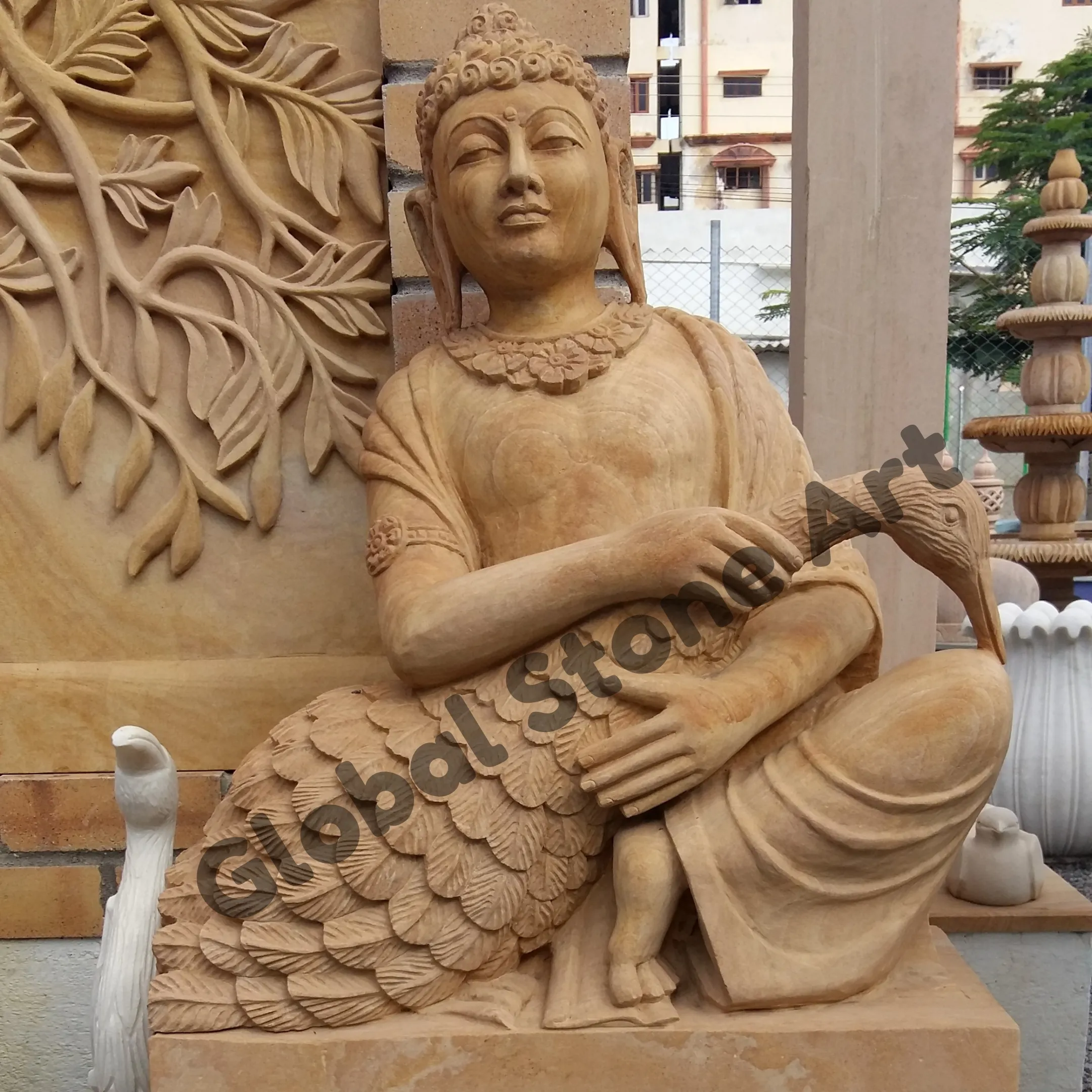 Sandstone Buddha on Swan Statue for Garden Feature