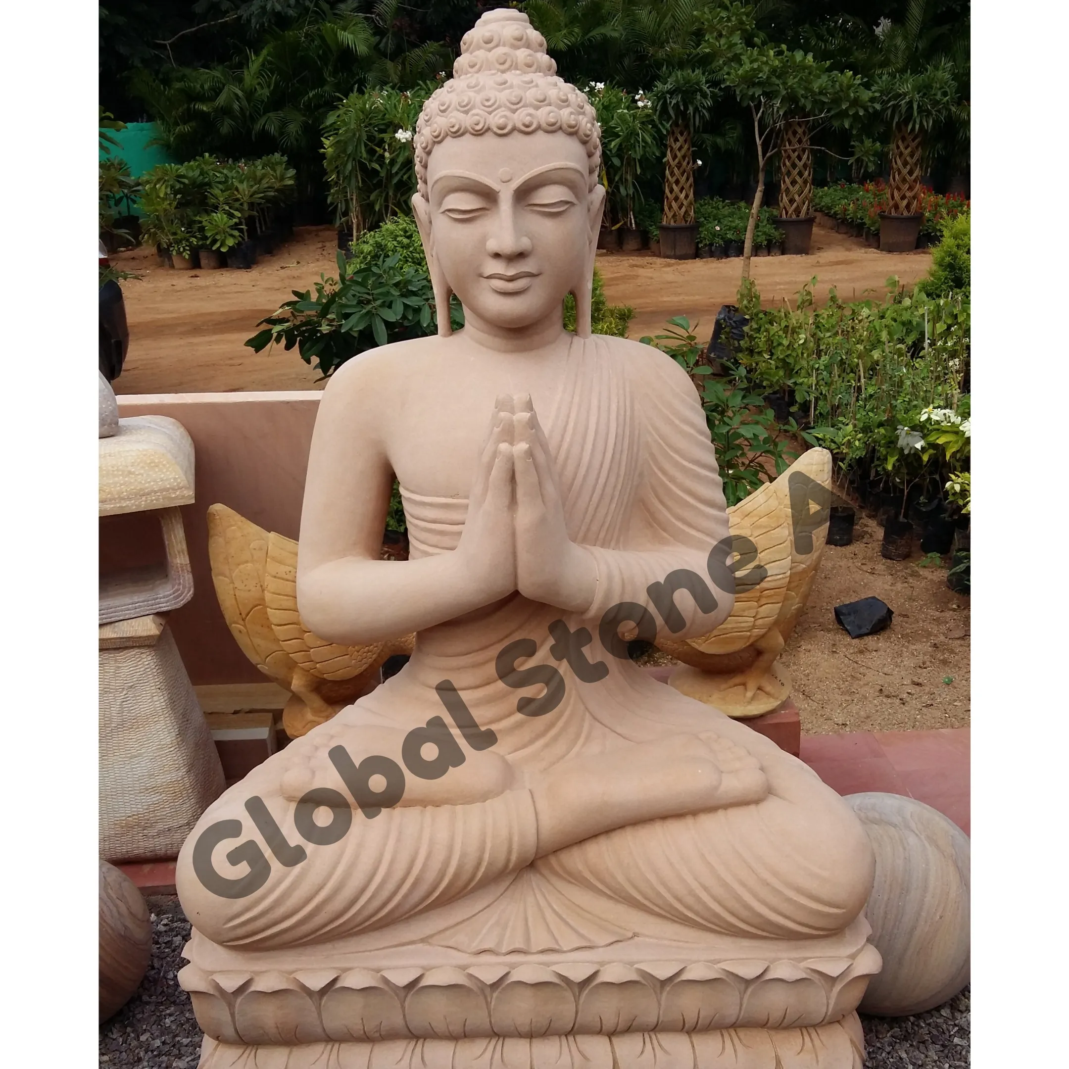 Cream Sandstone Praying Buddha Statue for Lawn