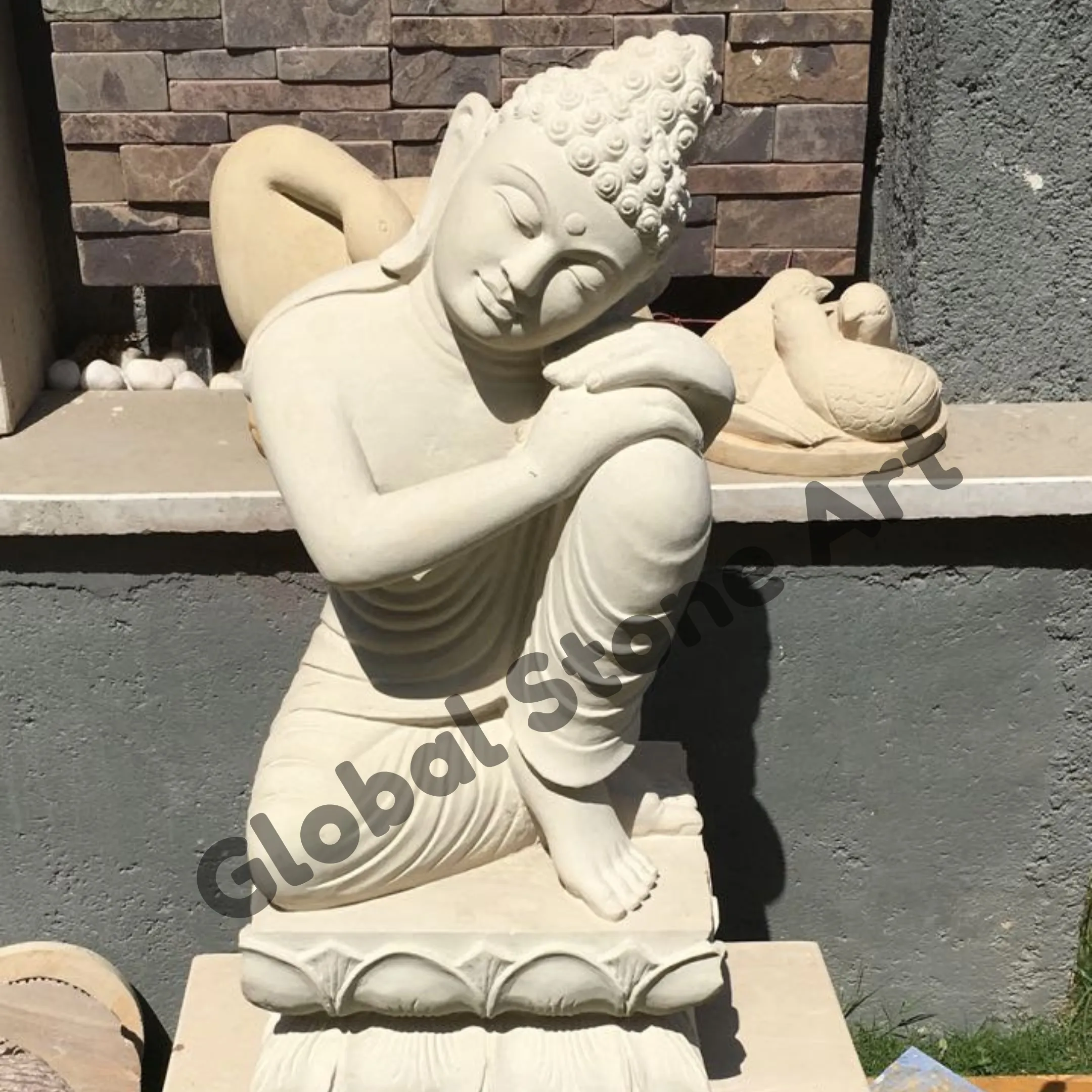 Cream Sandstone Resting Buddha Statue for Garden