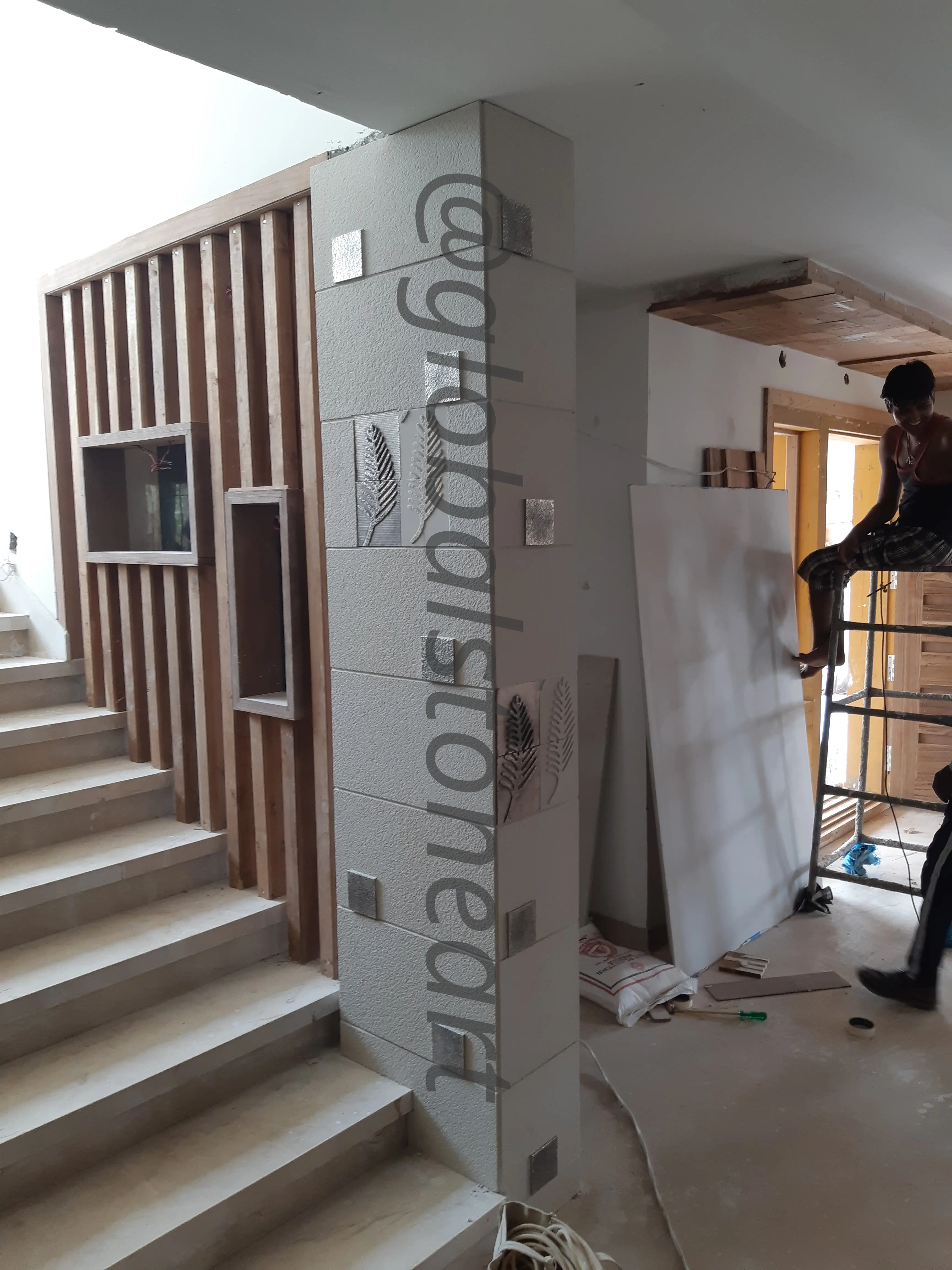 Carved Leaf-Block Stone Pillar Cladding for Staircase Feature