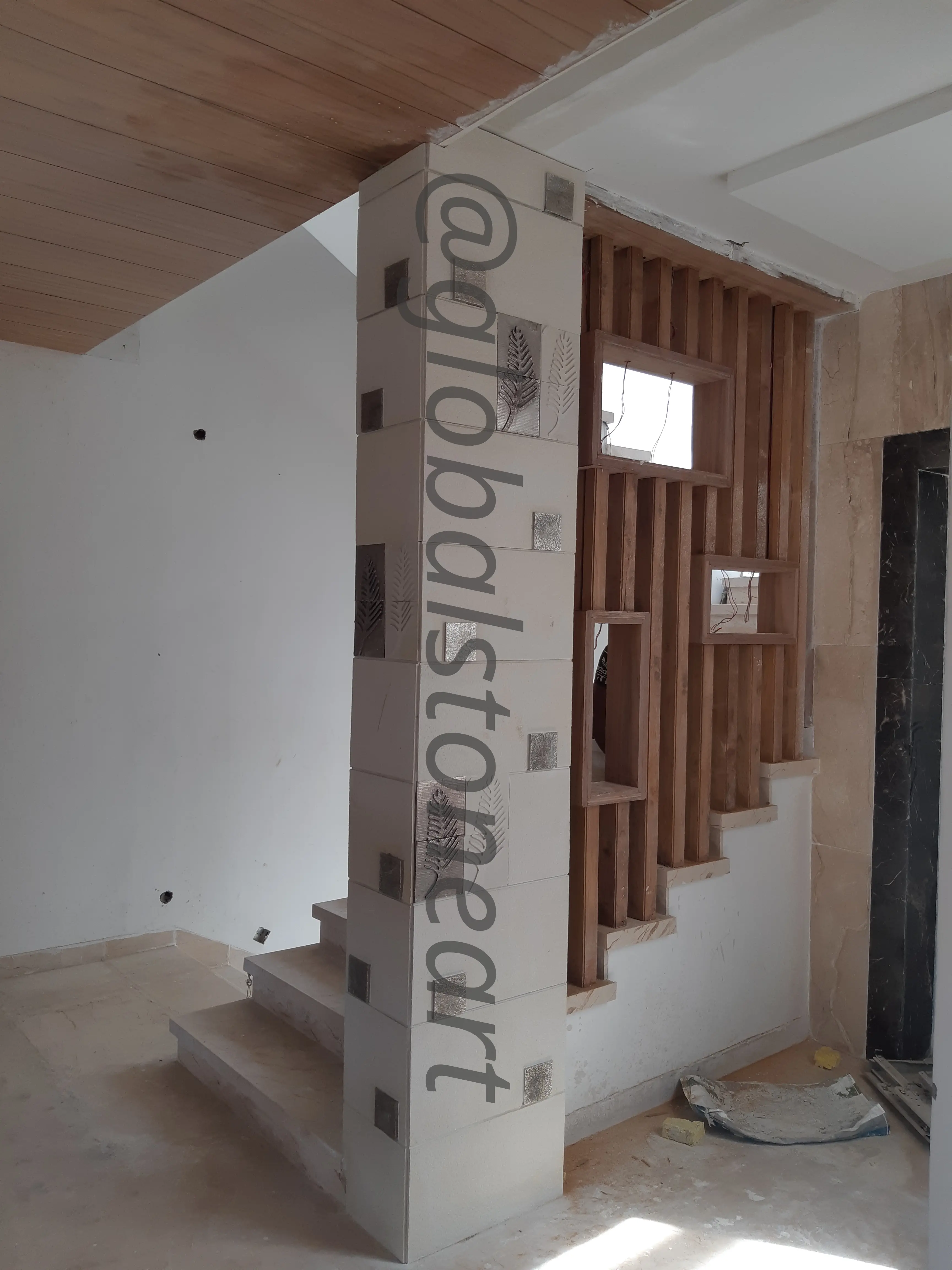 Inlaid Stone Block Column Cladding for Entrance & Staircase