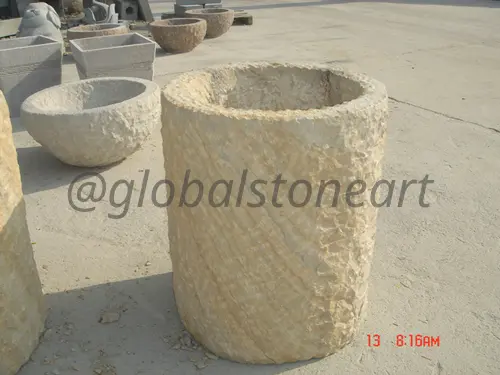 Rustic Hand-Chiselled Sandstone Cylinder Pot