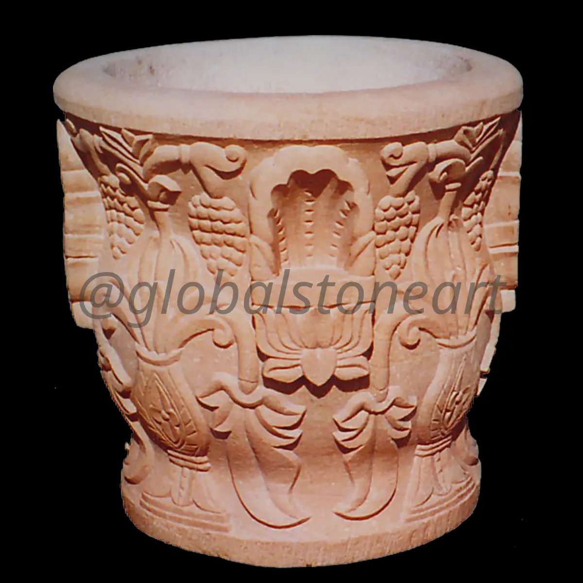 Peacock-Carved Marble Flower Pot for Pooja & Temple