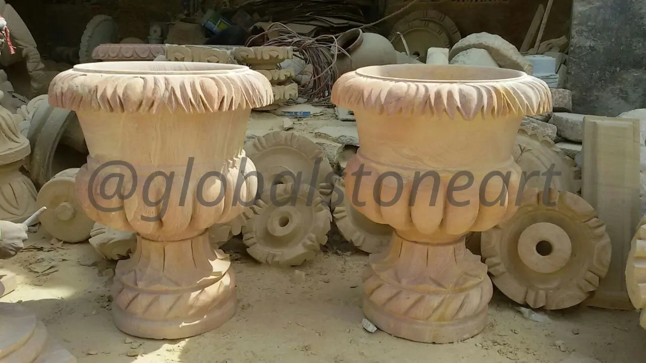 Fluted Goblet Urn Planters in Sandstone (Pair)