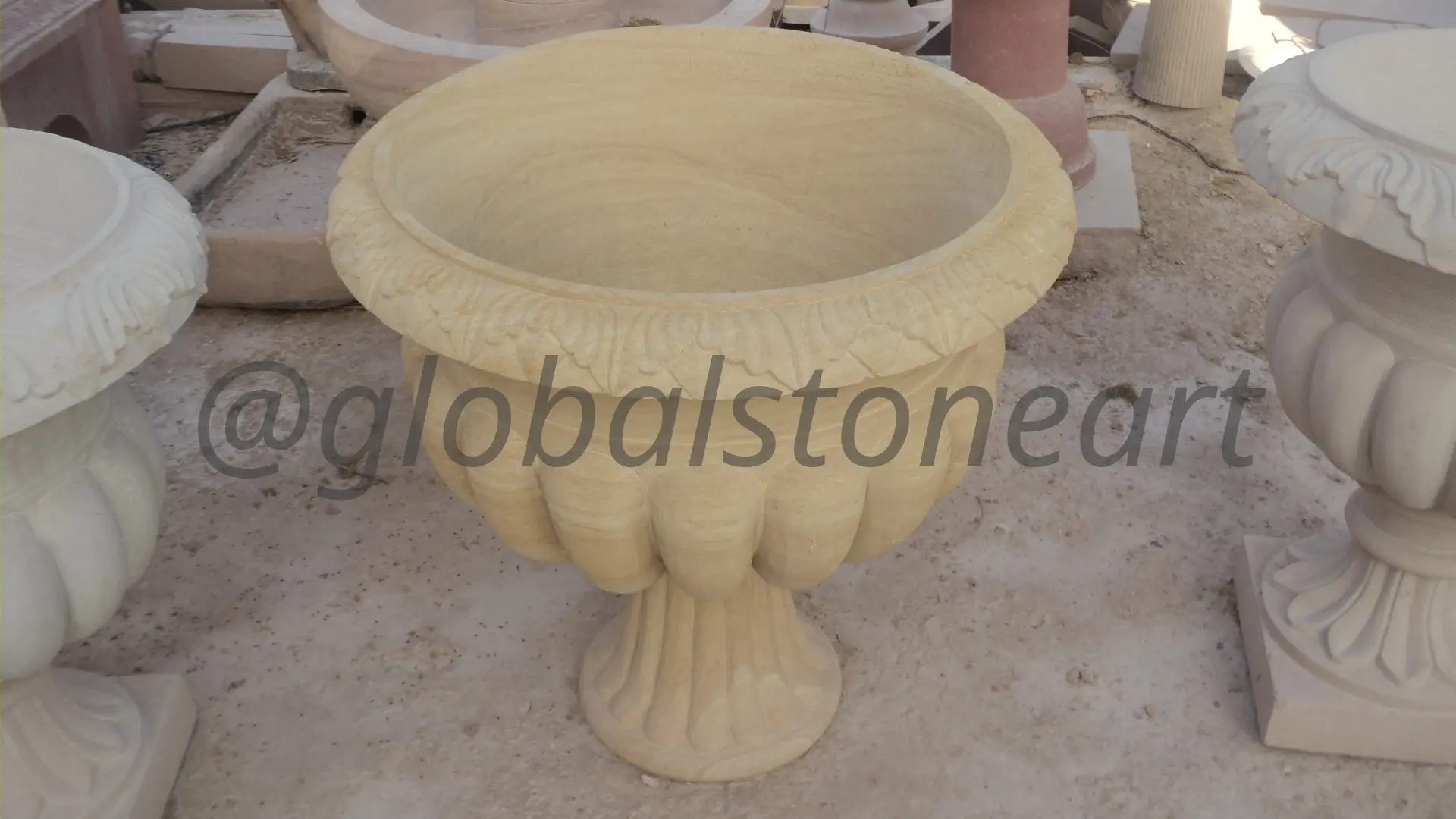 Lobed Cream Sandstone Compote Urn Planter