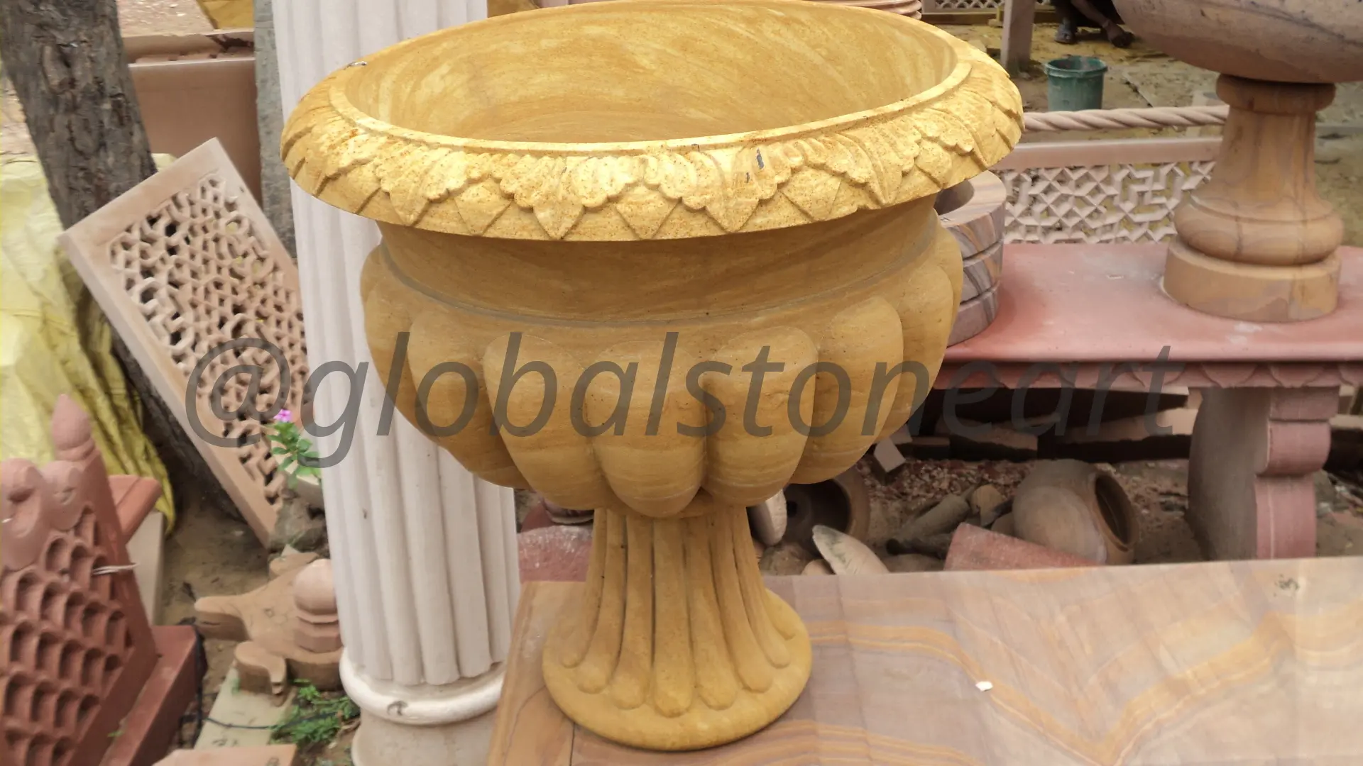 Leaf-Rim Sandstone Goblet Urn on Fluted Foot