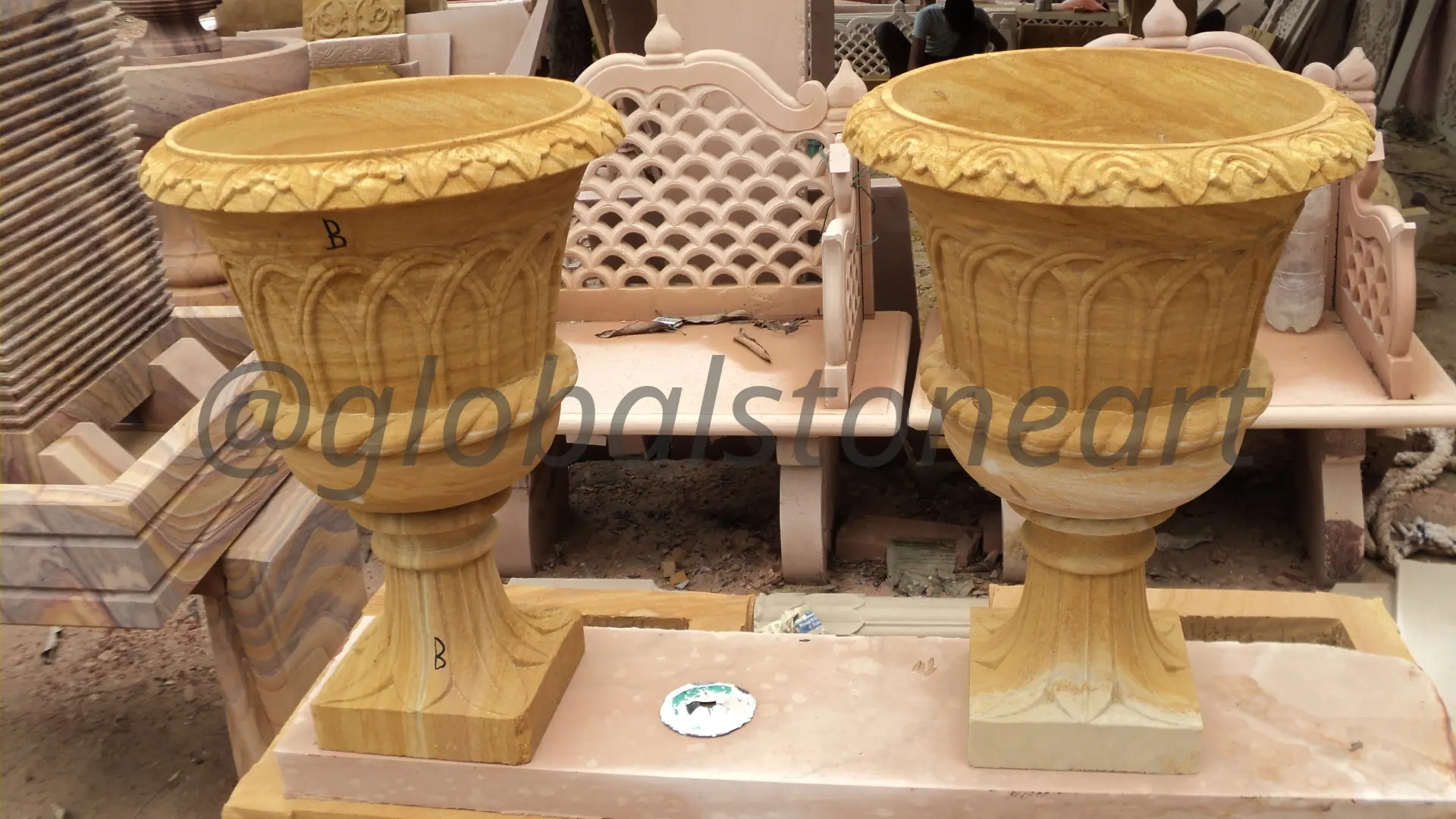 Arcade-Fluted Sandstone Goblet Urns (Pair)