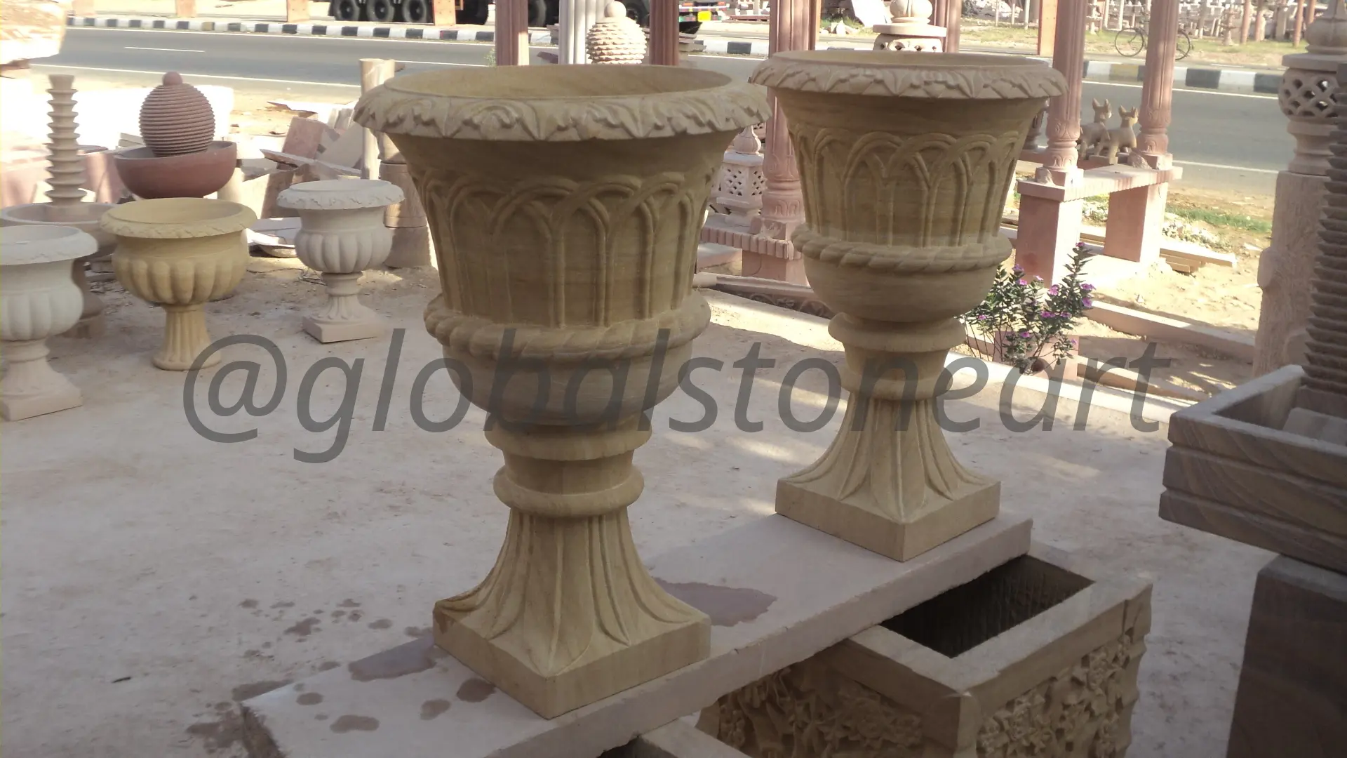 Tall Arcade-Carved Sandstone Goblet Urns (Pair)