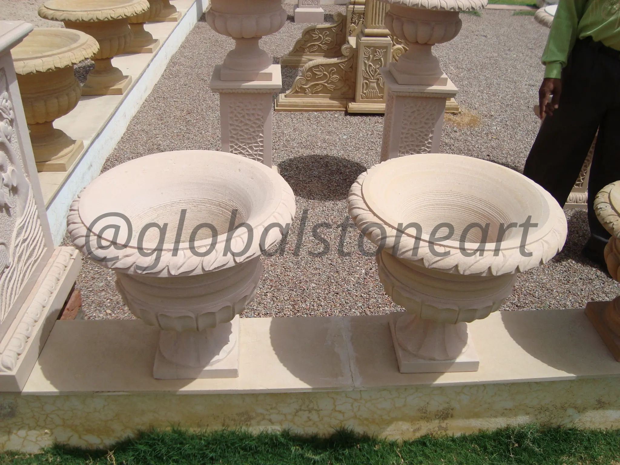 Leaf-Rim Sandstone Compote Bowl Urns (Pair)