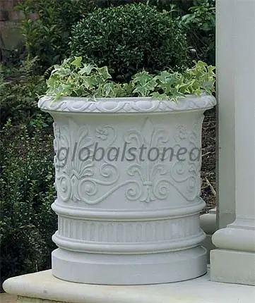Scroll-Carved White Marble Planter on Round Base