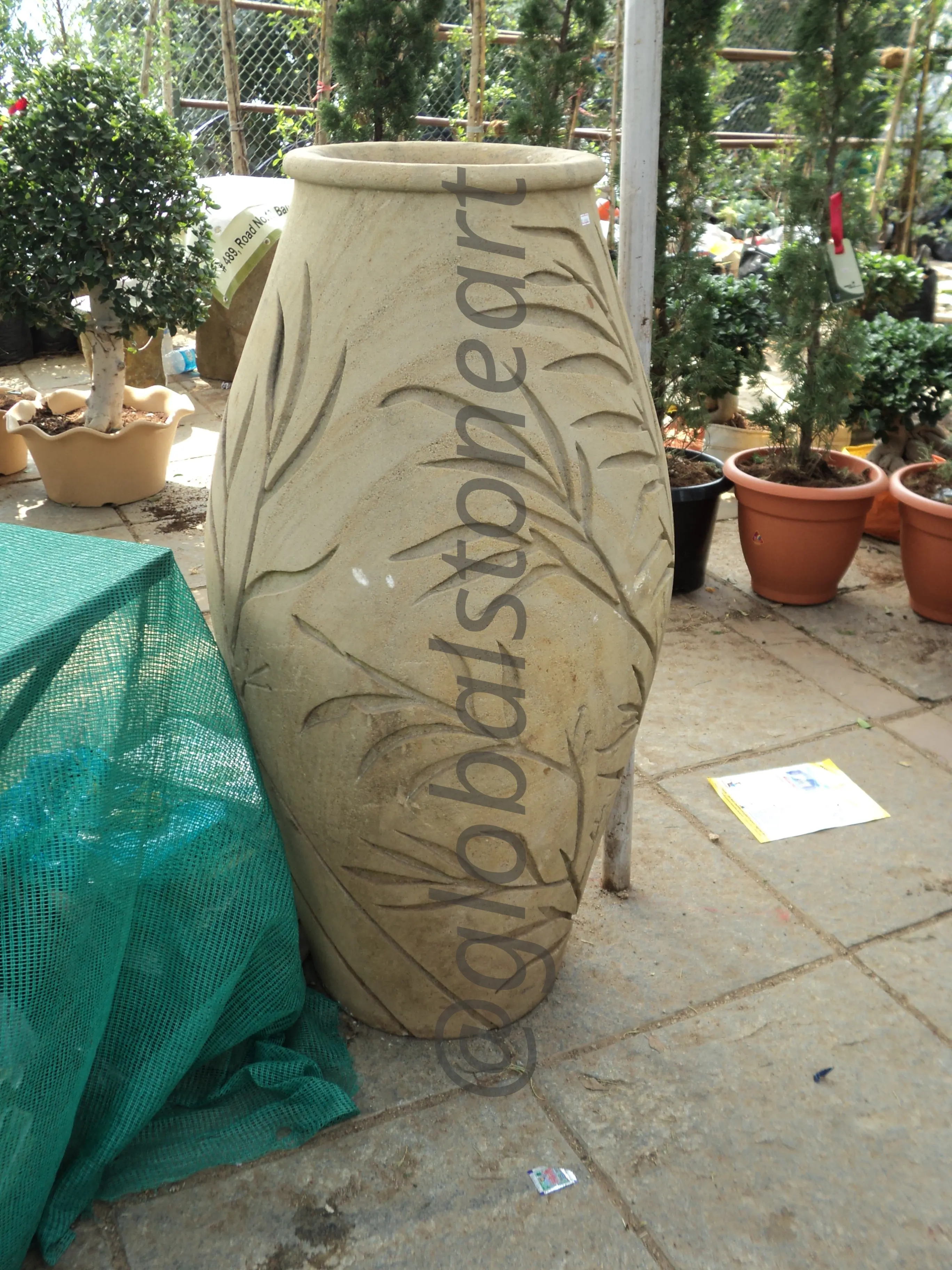 Bamboo Leaf Carved Sandstone Tall Vase (Large)
