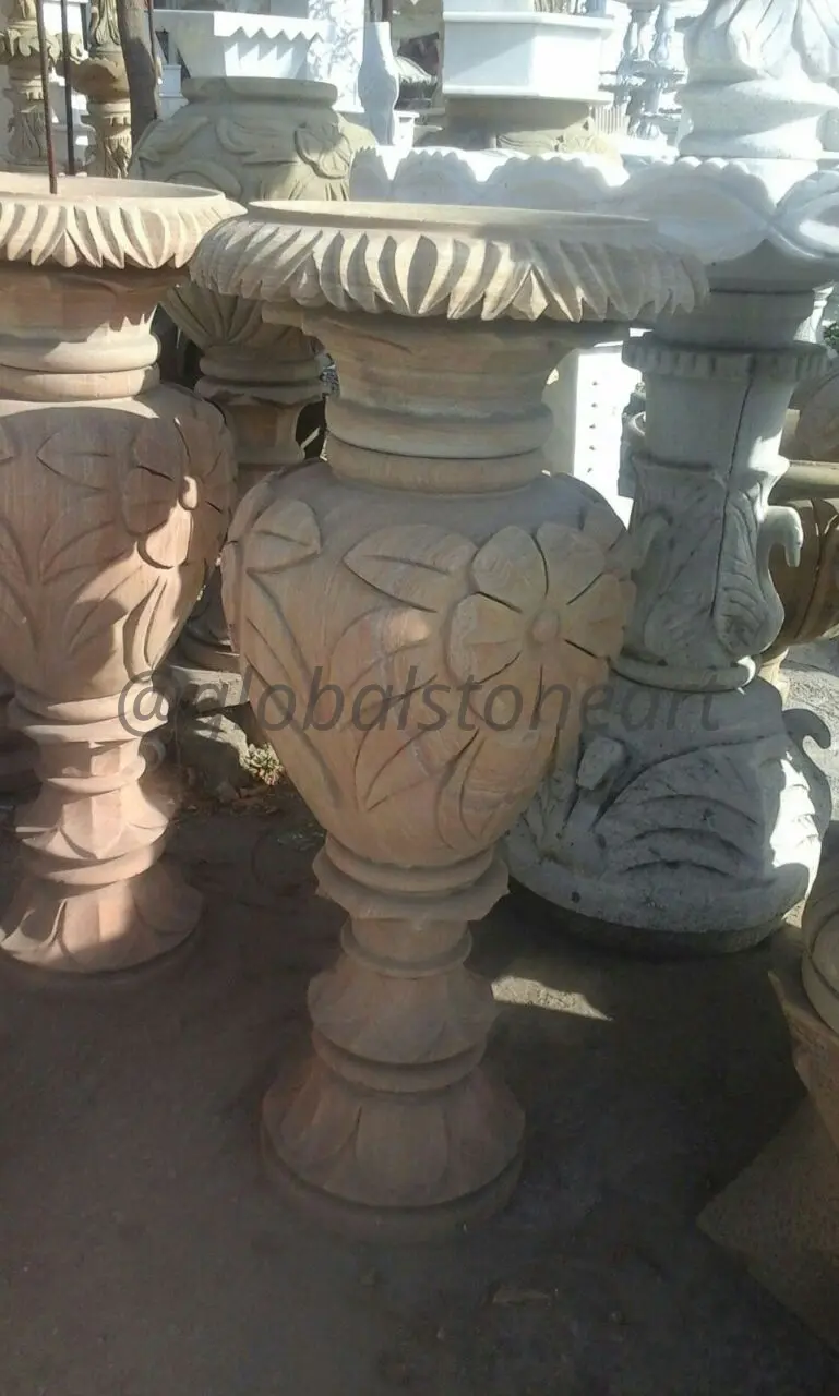 Floral Carved Sandstone Pedestal Urn Planter