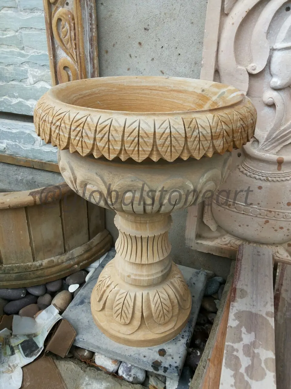 Leaf-Rim Sandstone Goblet Planter for Garden