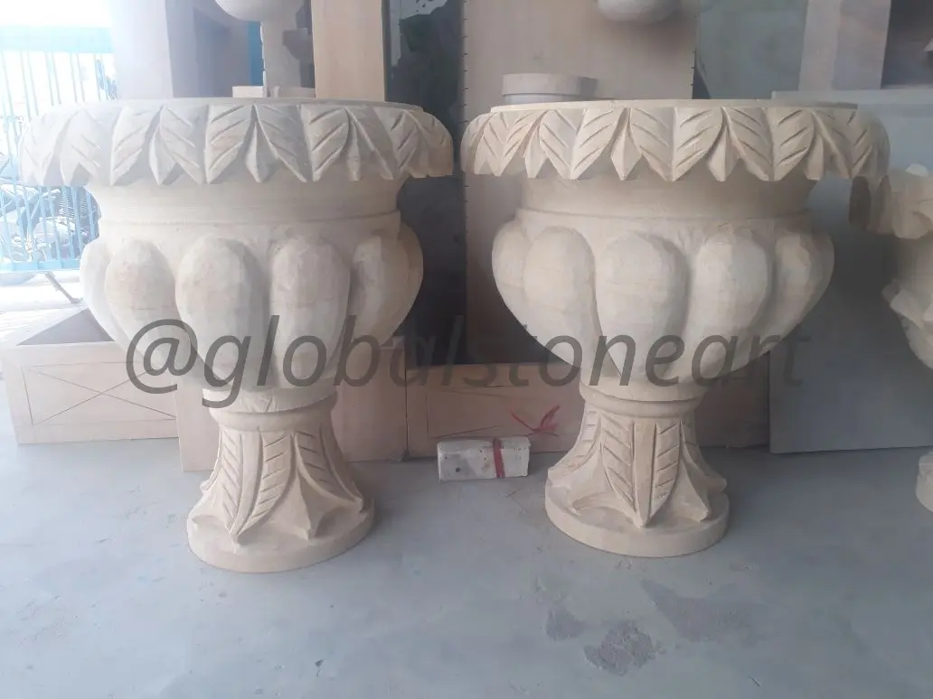 Lobed Sandstone Goblet Urn Planters (Pair)