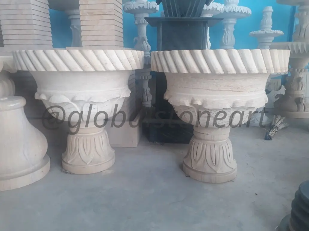 Twisted-Rim White Marble Urn Planters for Garden