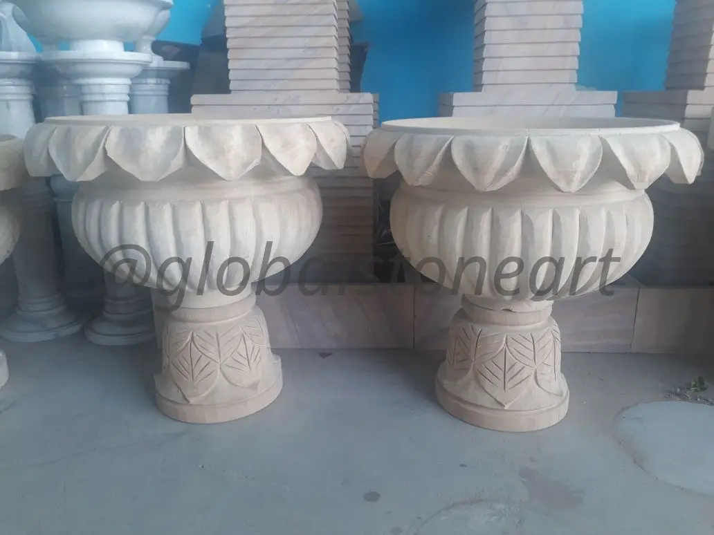 Petal-Rim Marble Goblet Planters on Carved Base