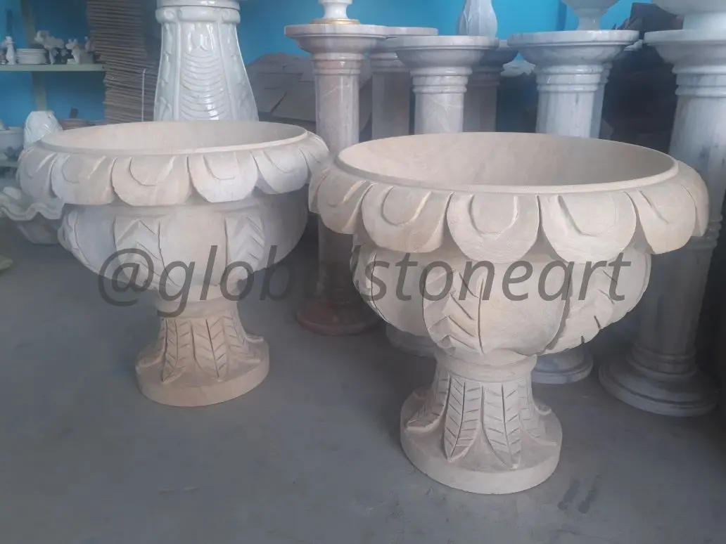 Leaf-Carved Marble Garden Urn Planters (Pair)