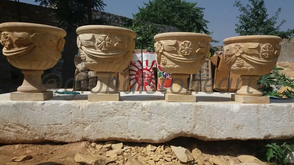 Garland-Carved Sandstone Bowl Planters Set