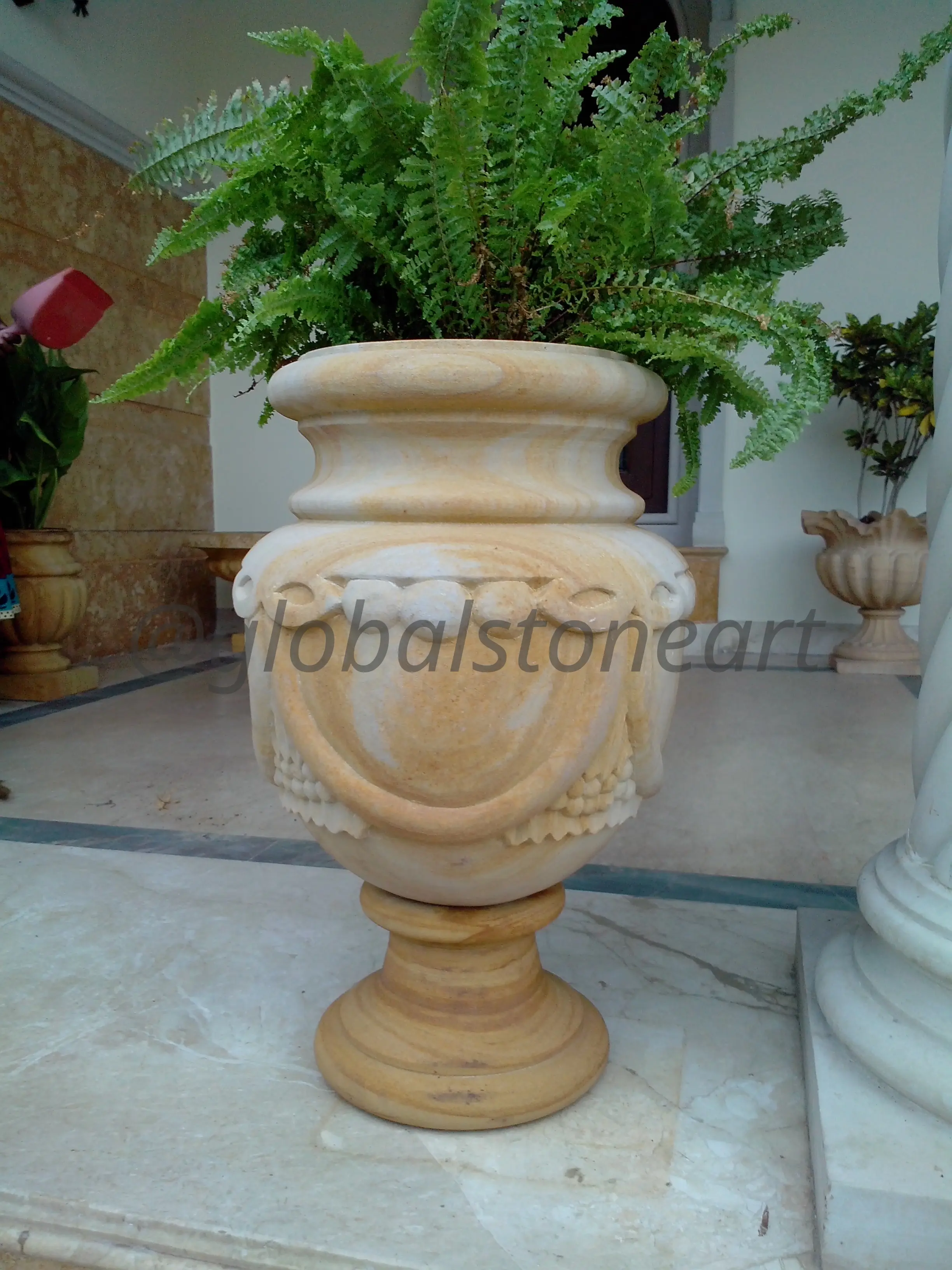 Bead-Garland Sandstone Urn Planter for Entrance