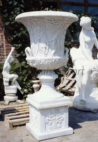 Figural Relief White Marble Urn Planter on Plinth