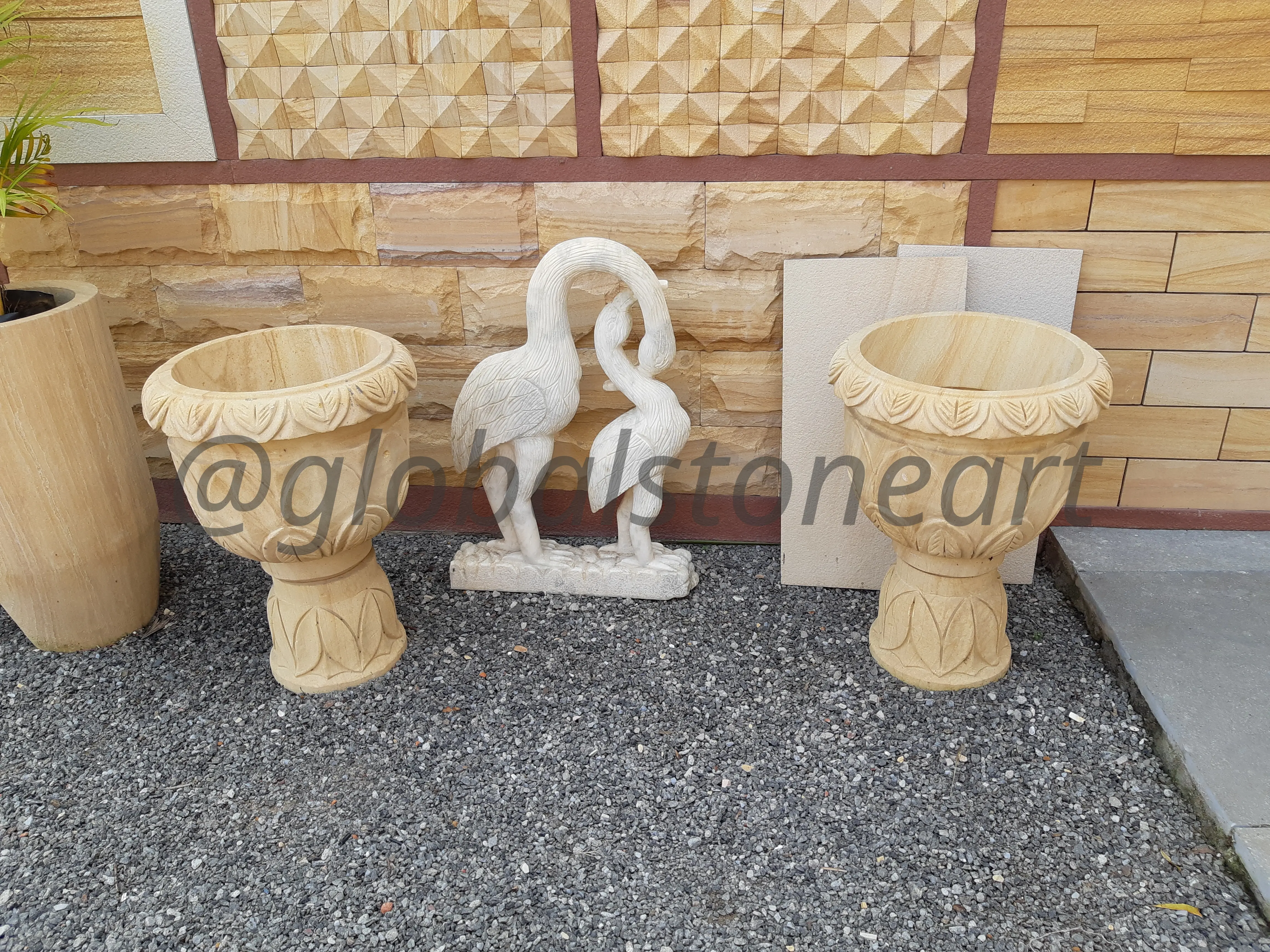 Drape-Carved Sandstone Goblet Planters (Pair)