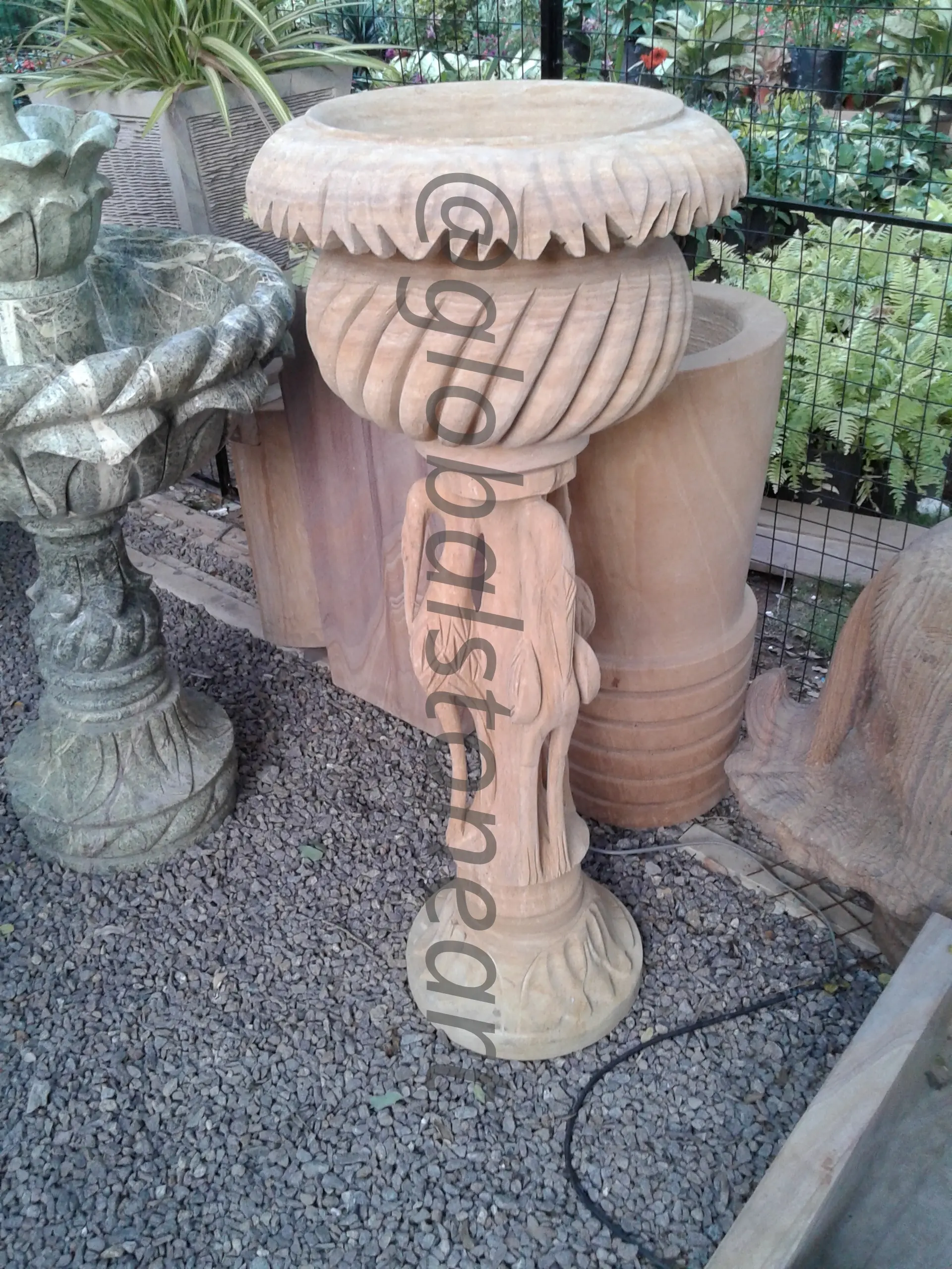 Tall Leaf-Carved Sandstone Pedestal Planter