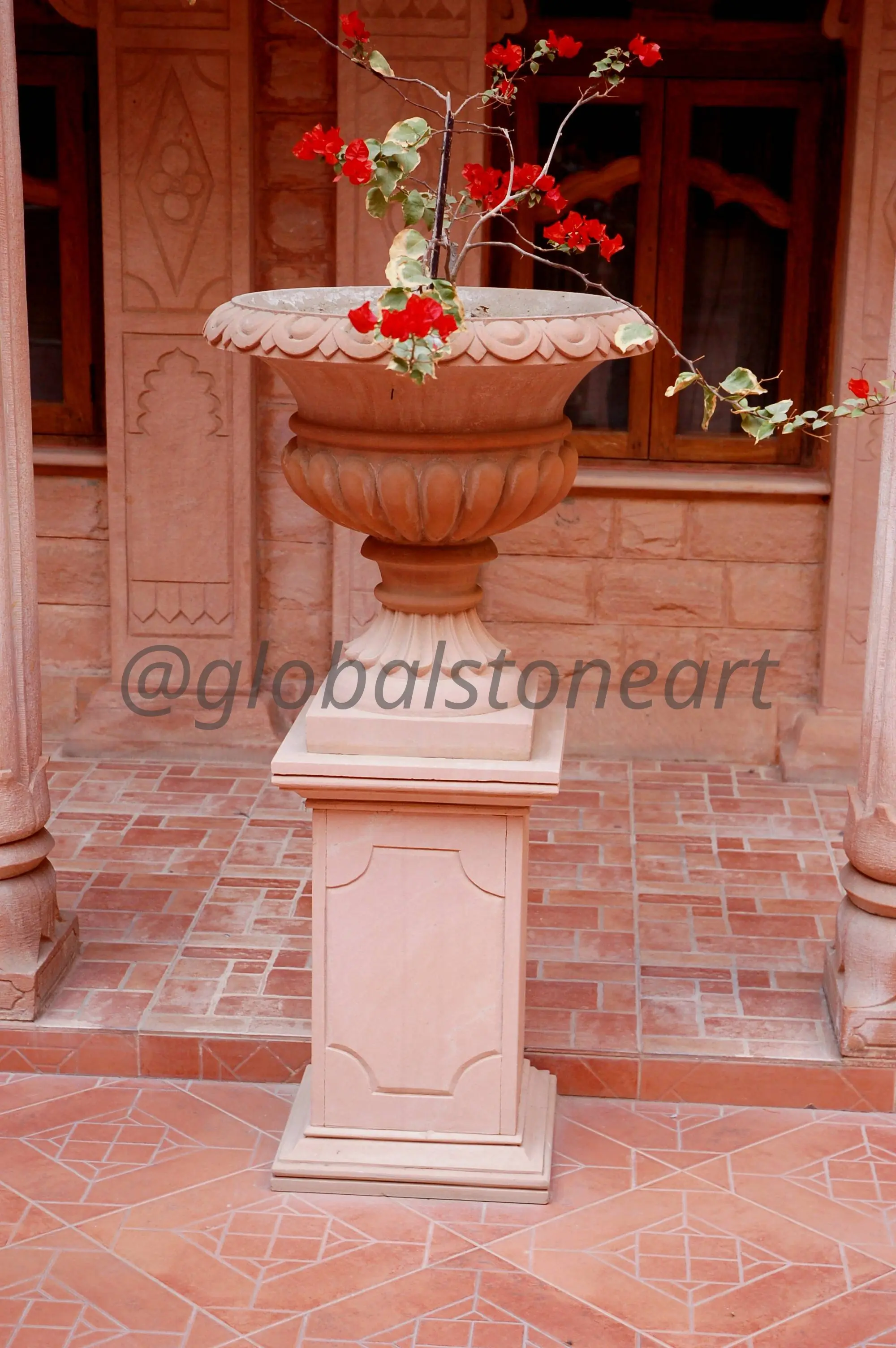 Scroll-Rim Sandstone Urn on Pedestal for Verandah