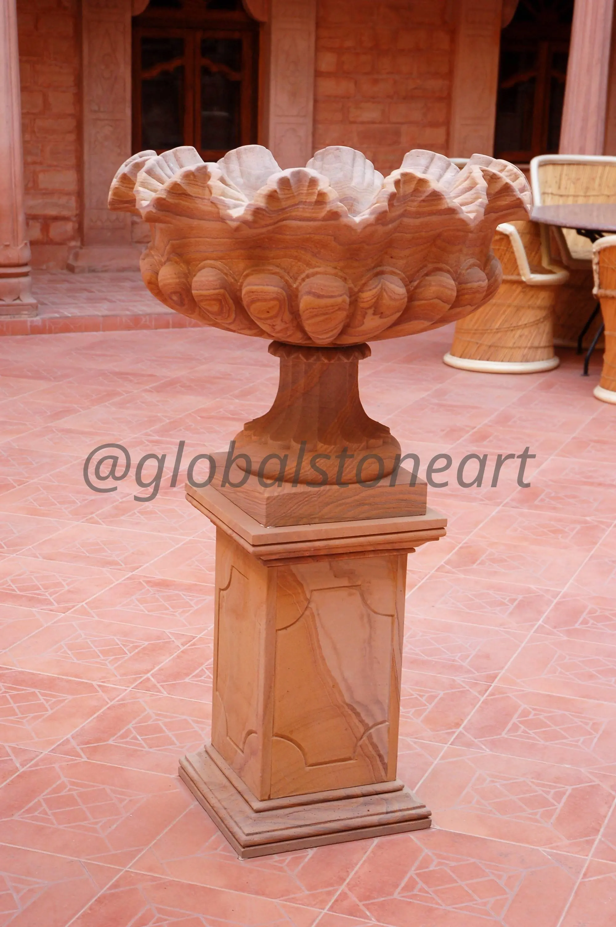 Shell-Carved Sandstone Bowl Planter on Tall Pedestal