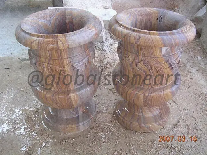 Banded Sandstone Barrel Urn Planters (Pair)