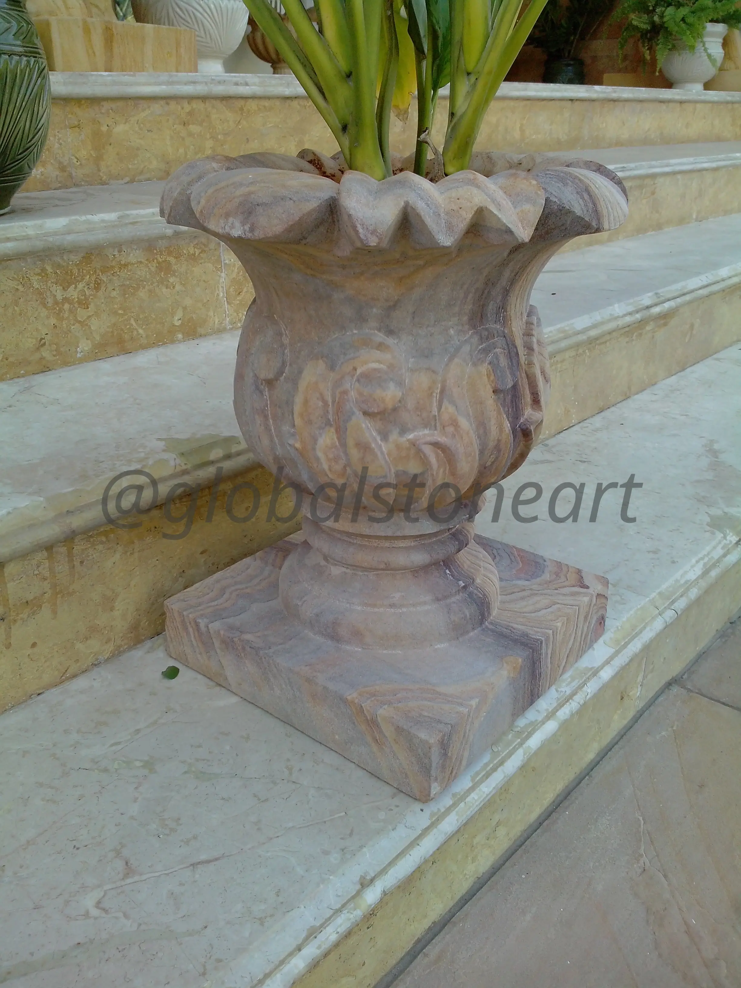Scalloped-Rim Sandstone Urn Planter on Square Base