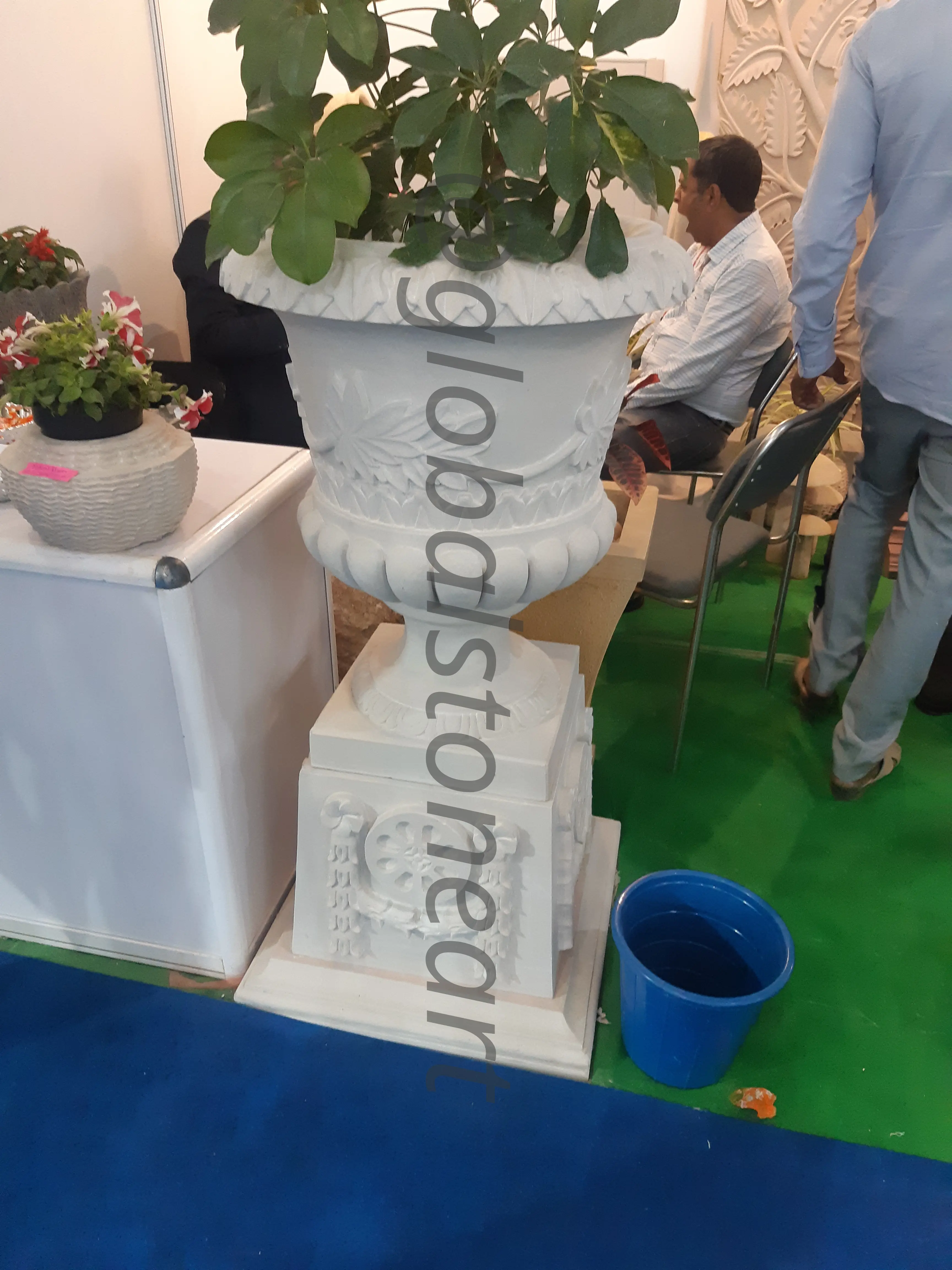 Leaf-Rim White Marble Urn Planter on Carved Plinth
