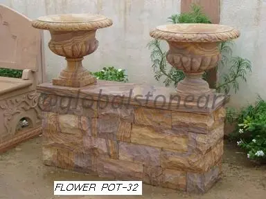 Rainbow Sandstone Campana Urns on Stone Wall (FP-32)