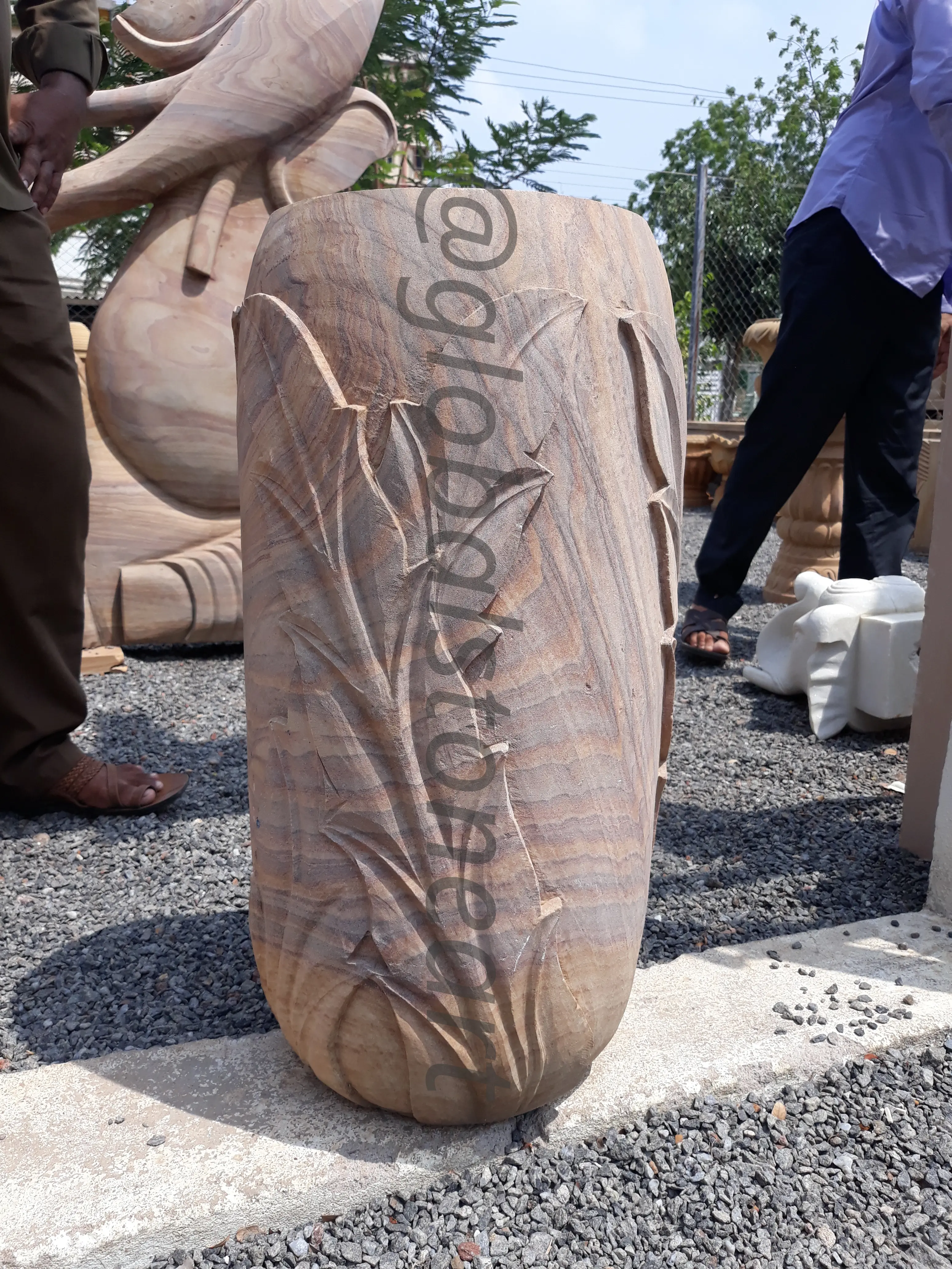 Bamboo Leaf Carved Sandstone Tall Vase Planter