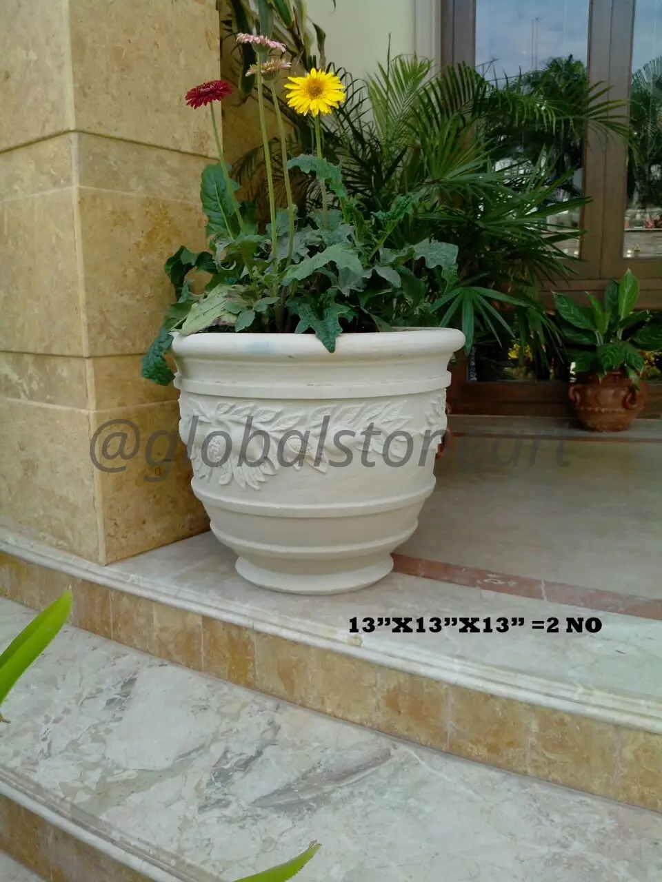 Leaf-Carved Cream Sandstone Garden Pot