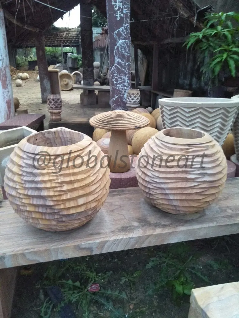 Coiled Rope Carved Sandstone Sphere Pots