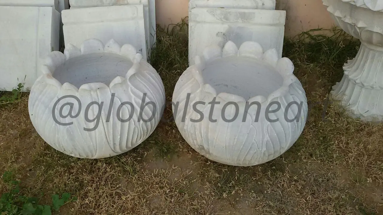 Lotus-Rim White Marble Round Planters (Pair)