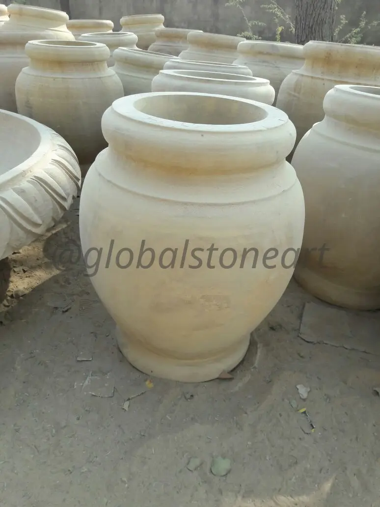 Smooth Sandstone Matka Belly Pot for Garden